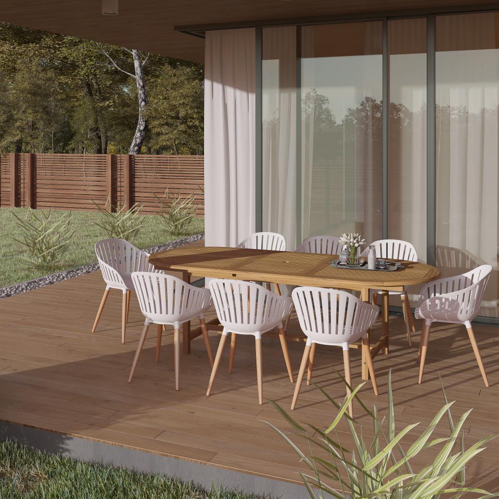 Amazonia DIAOVL8CANNWHTL  Teak 9 -Piece Brown Patio Dining Set Extendable Table Wood Oval Table with 8 Brown Stationary Chairs