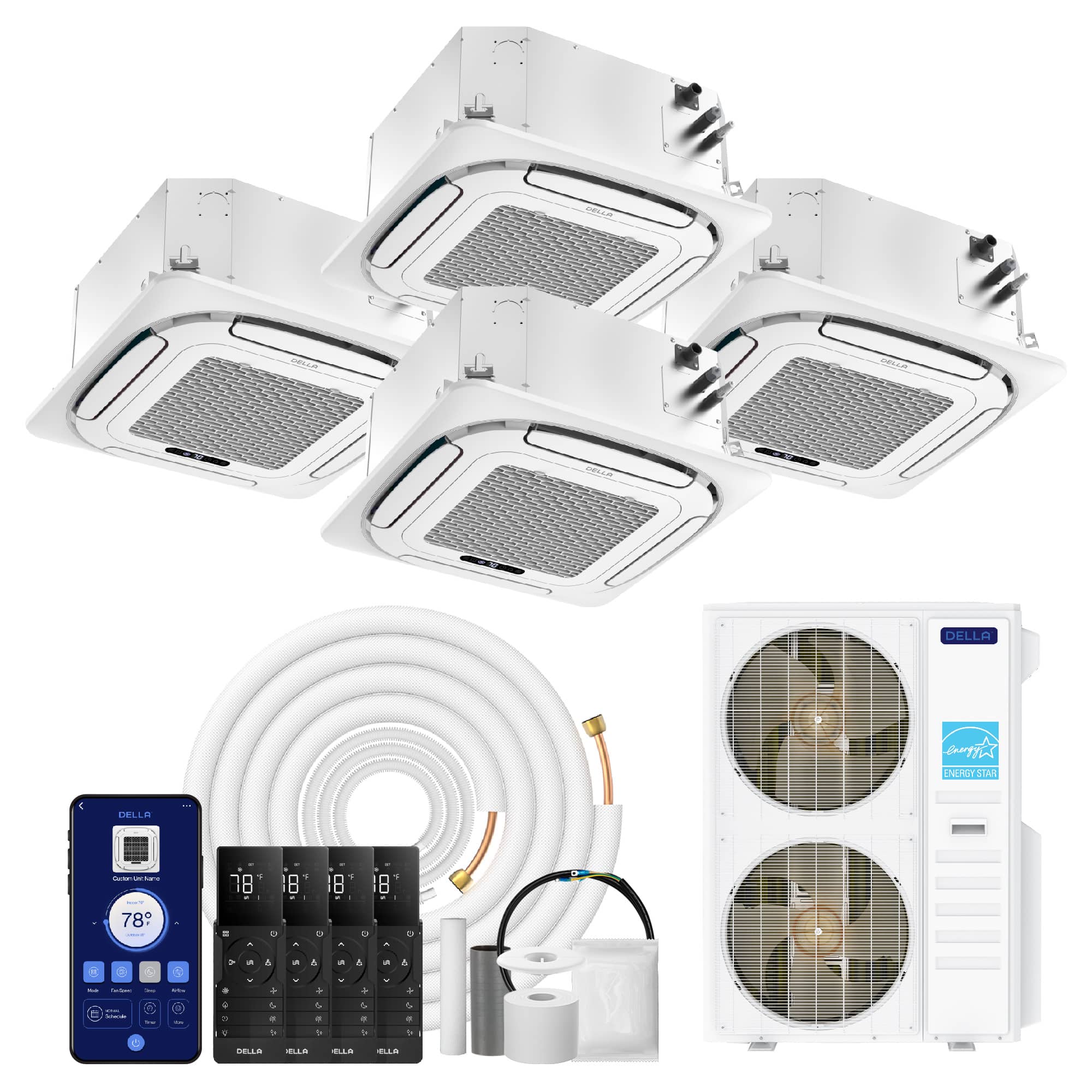 DELLA  55000 BTU 4-Zone 12000-12000-12000-16000 Ceiling Cassette Mini Split AC Covers 2650 Square Feet