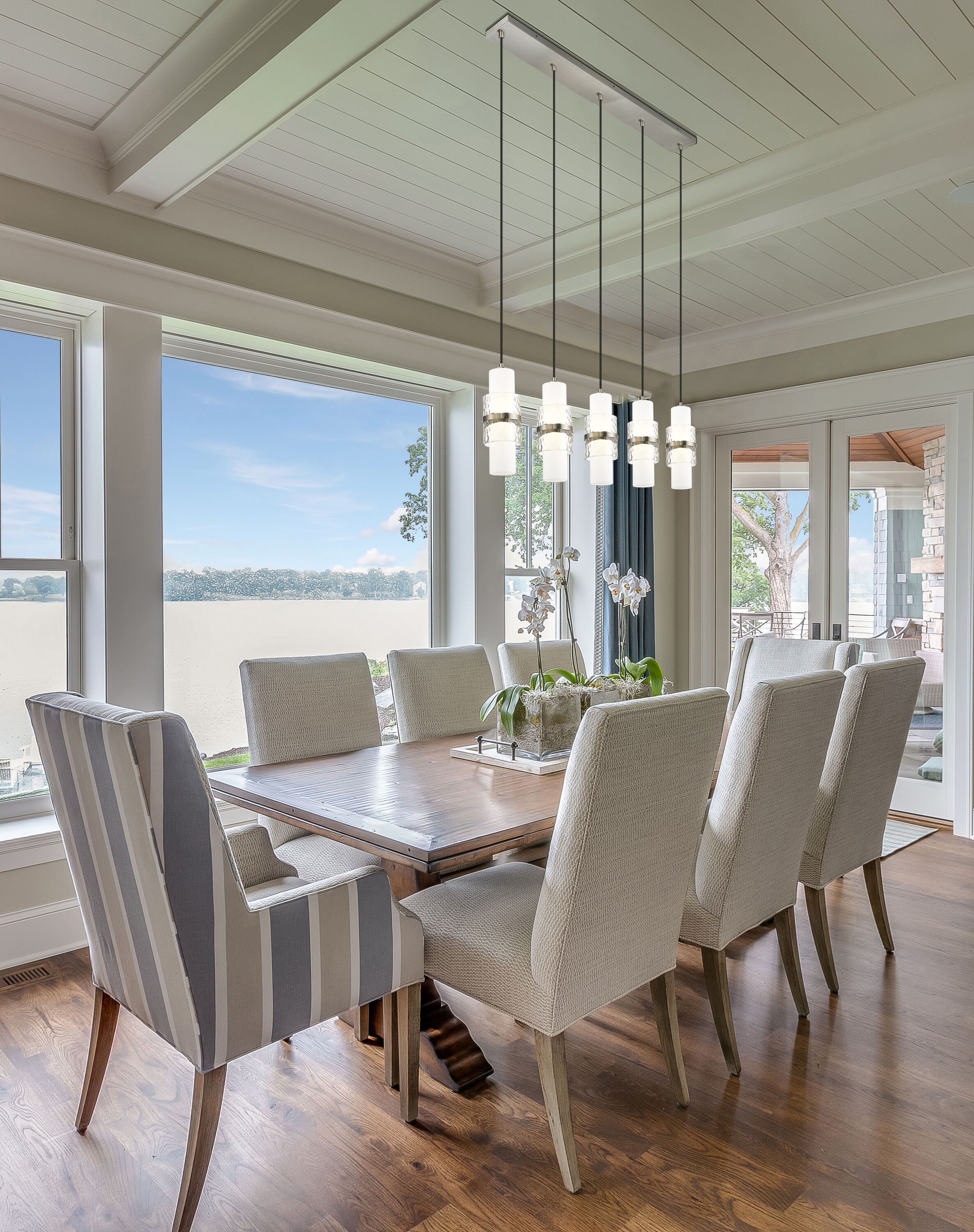 Brushed Nickel 5-Light Linear Chandelier with Etched Opal Glass Shades