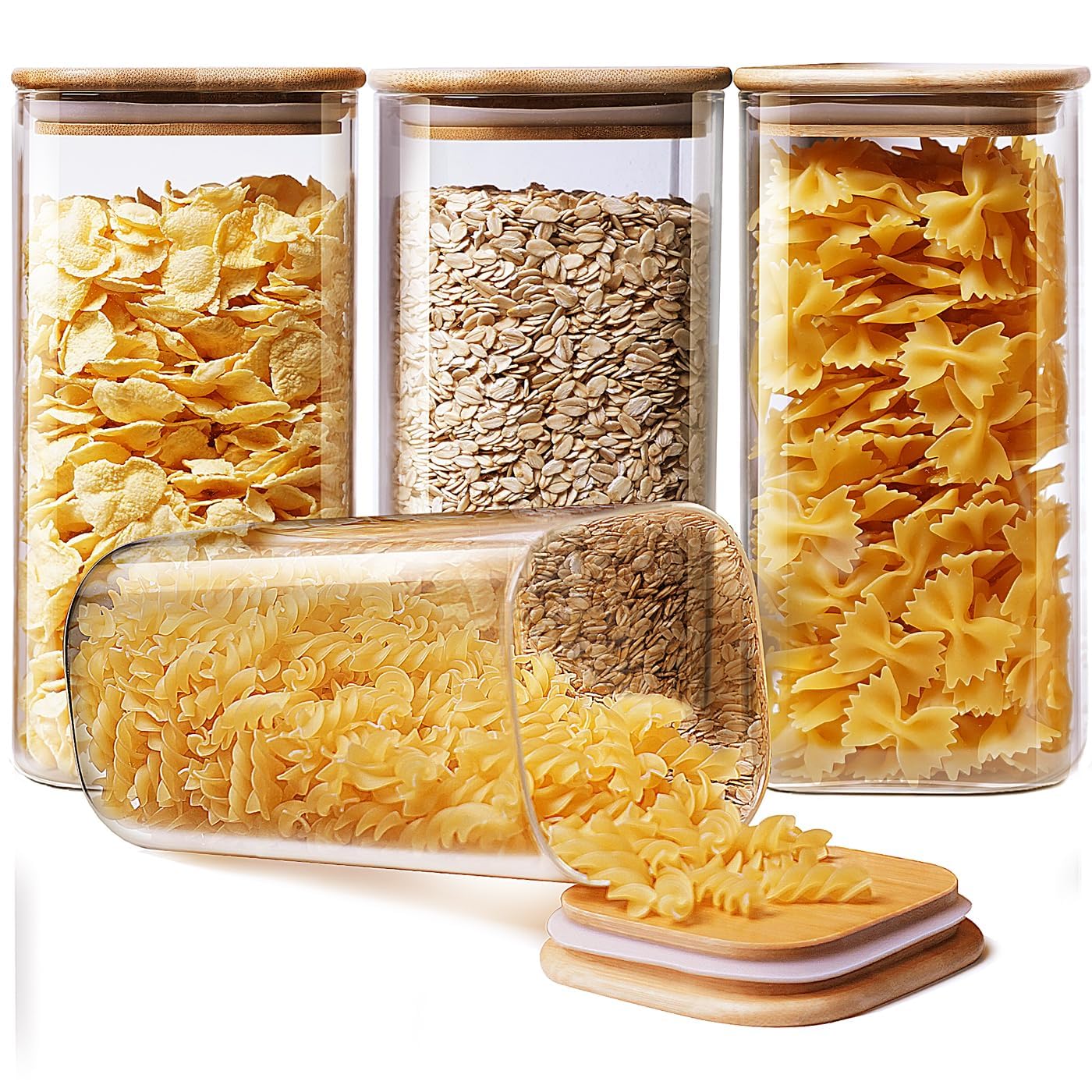 DHMHD Square Glass Jars with Bamboo Lids Set of 4 Large 53 FL OZ Glass ...