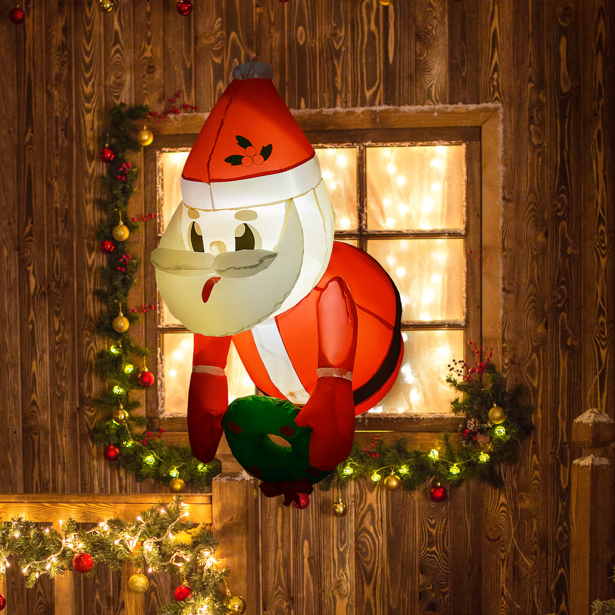 CIPACHO  3.4ft Inflatable Santa Claus Holding Wreath w LED Lights Blow-Up Outdoor Hanging Display for Garden Party