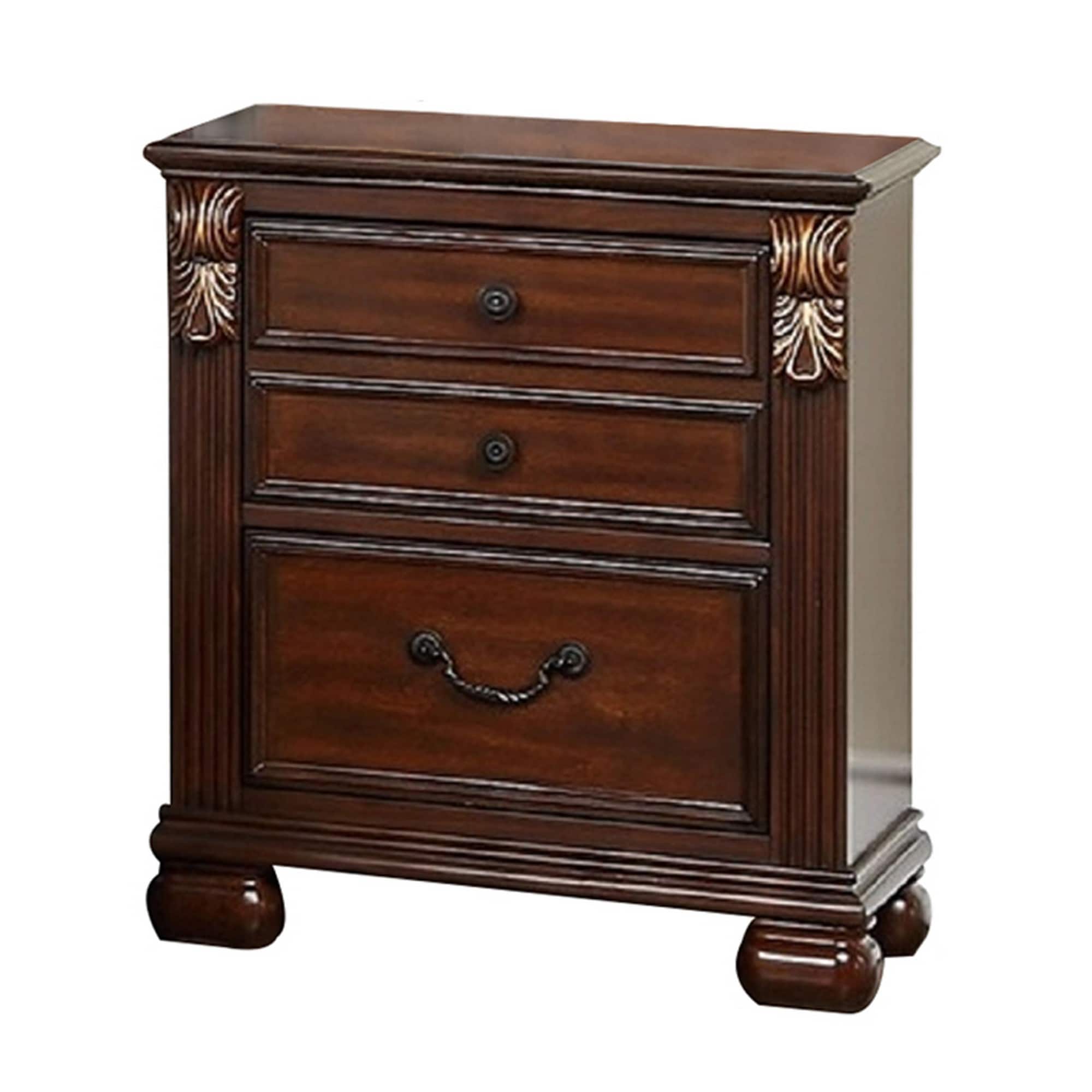 Miri 25 Inch 3 Drawer Nightstand with Brass Accents in Cherry Oak Brown