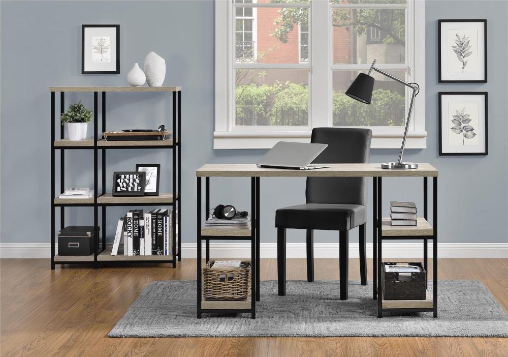Distressed Gray Oak and Black Executive Double Pedestal Desk