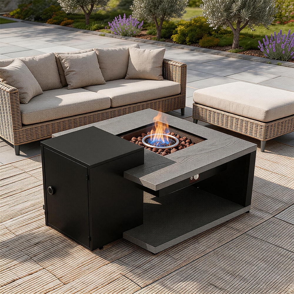 Famapy  31.5 Inch Square Gas Fire Table 50000 BTU Propane Fire Pit Table with Steel Lid Lava Rocks and Rain Cover