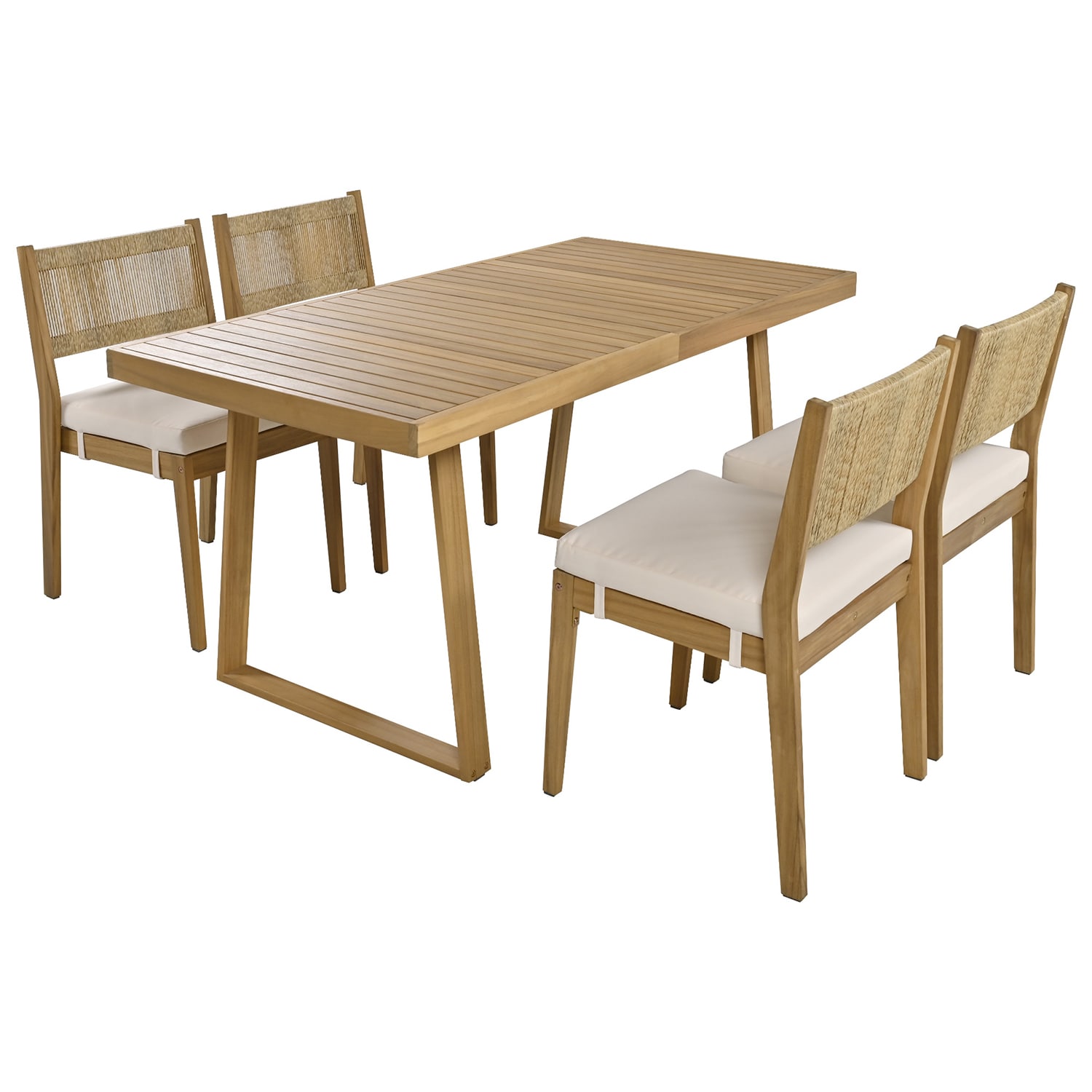 Bybafun YA0200230 5 -Piece Brown Patio Dining Set Wood Rectangle Table with 4 Off-white Cushions Stationary Chairs