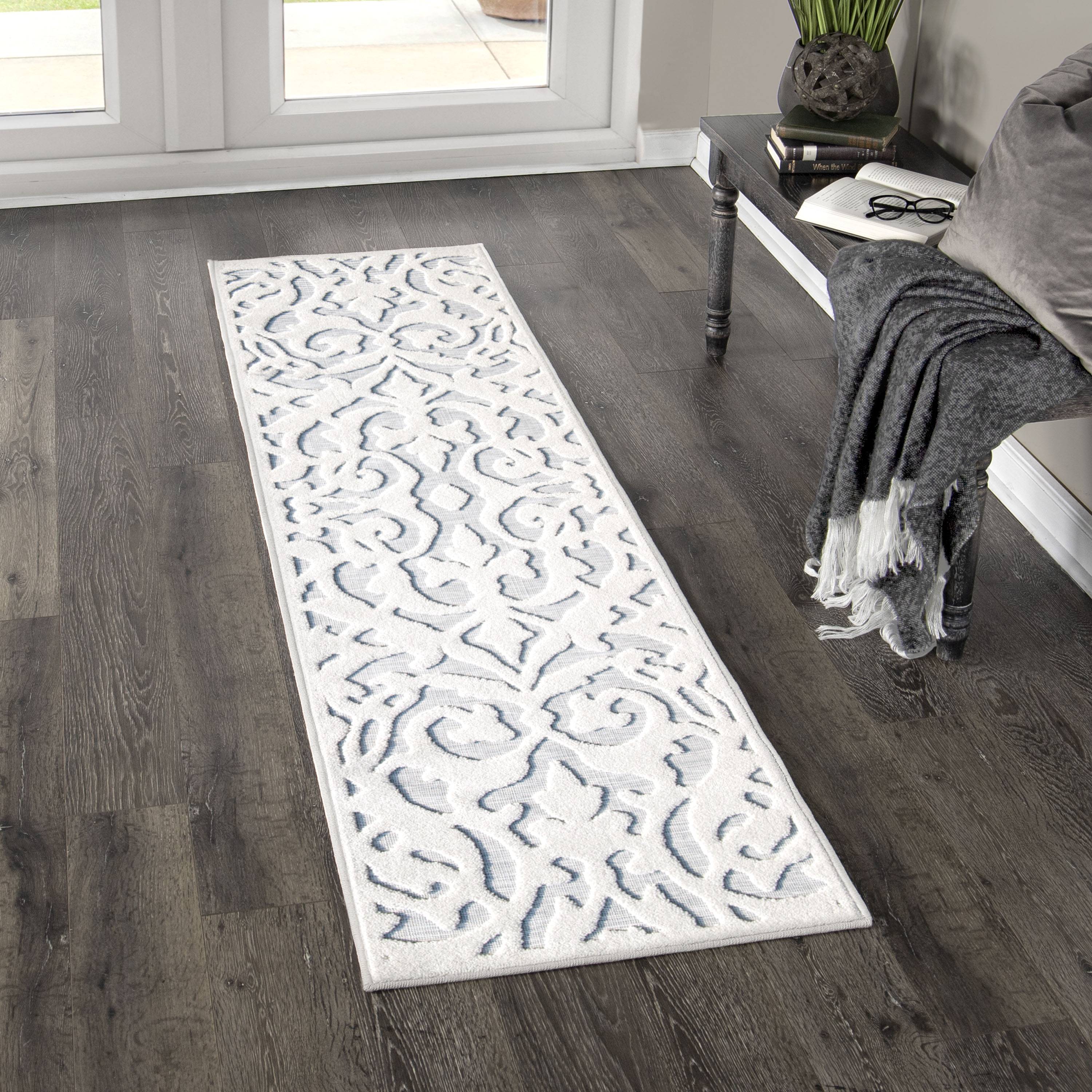 Orian Rugs 436266 My Texas House Lady Bird 2 x 8 (ft) Polypropylene Natural/Blue Rectangular Indoor/Outdoor Damask Farmhouse/Cottage Runner rug