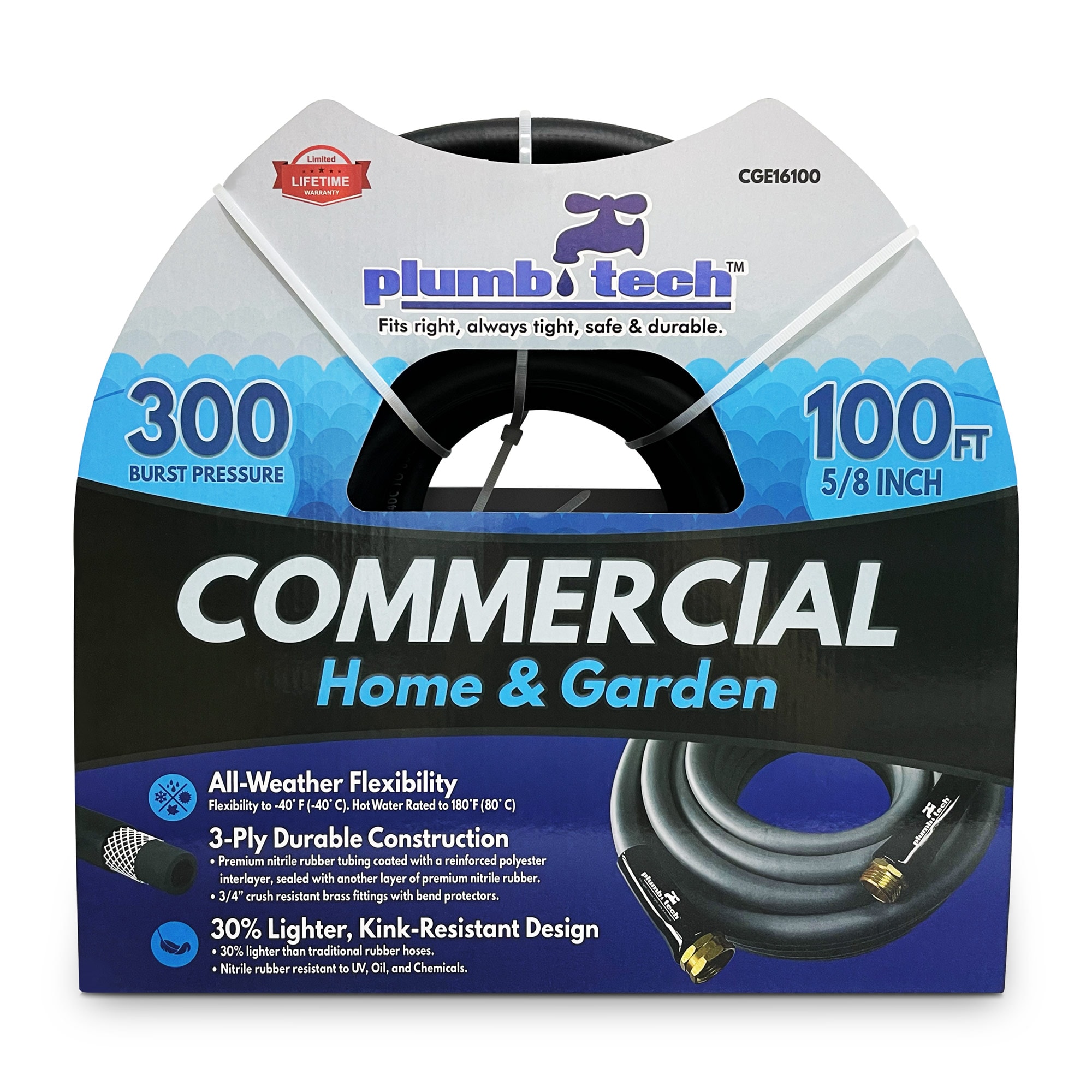Plumb Tech - Commercial 5/8-in x 100-ft Heavy -Duty Kink Free Rubber and vinyl Black Hose