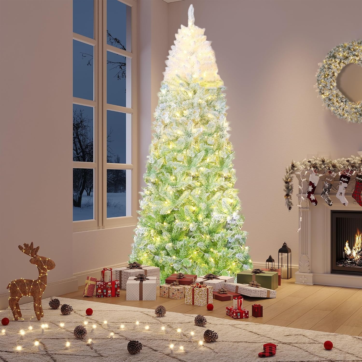 GAOMON 7.5Ft Slim Pencil Artificial Christmas Tree- Snow Flocked Frosted Space Saving Design- Hinged Lightweight Xmas Tree for Home Office Indoor Holiday Party Decor