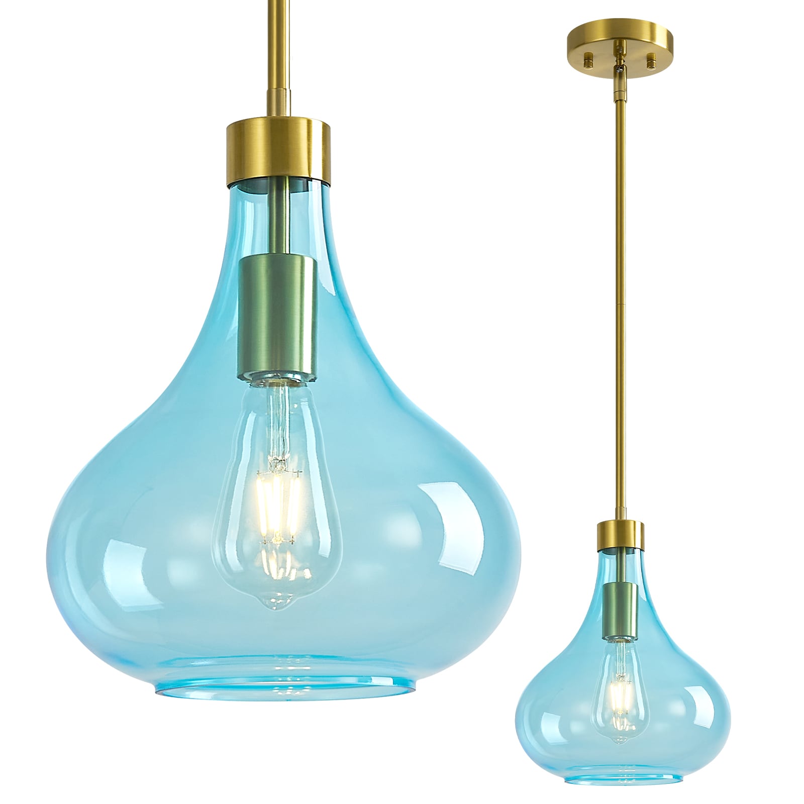 ZHLLMQ Modern 1-Light Sloped Ceiling Compatible Gold Blue Brushed Finish Transparent Glass Gourd Non-Integrated LED Kitchen Island Hardwired Mini Pendant Light