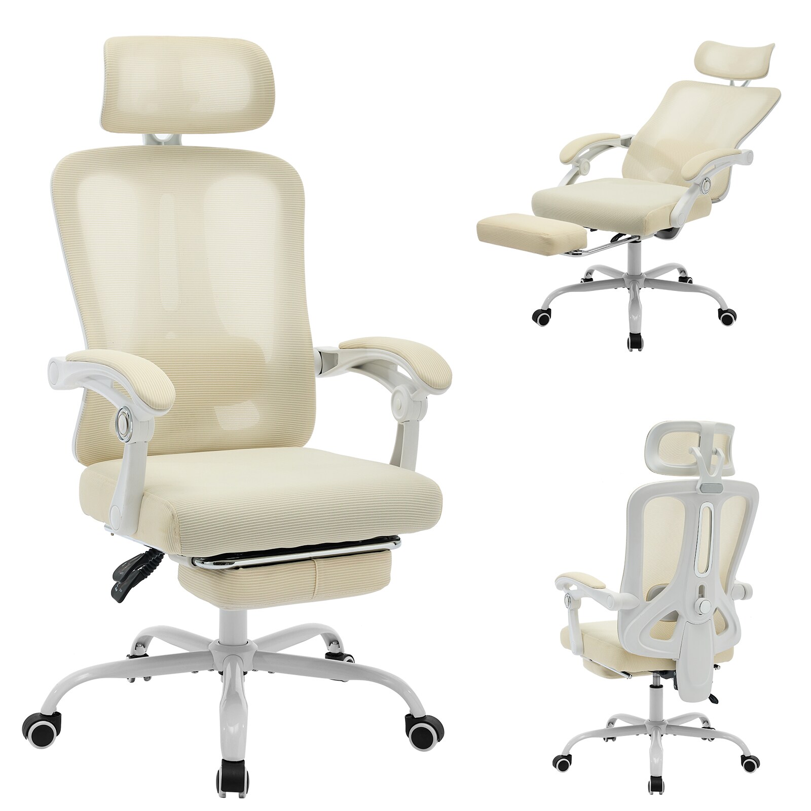 Qeetex Ergonomic High Back Office Chair with Footrest and Adjustable Lumbar Support Mesh Executive Desk Chair Beige