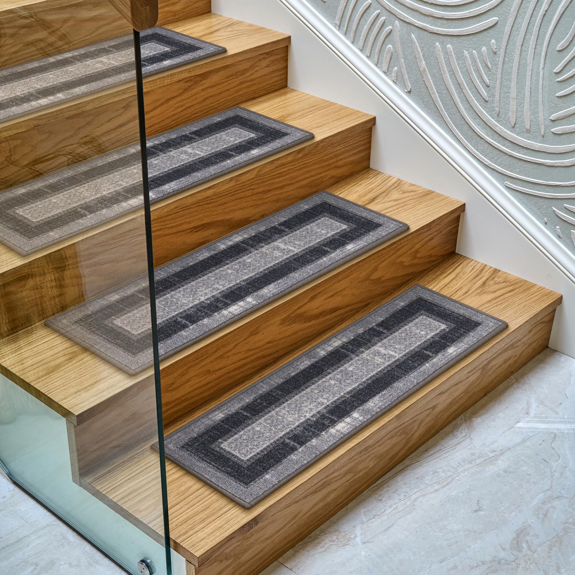 Ottomanson CLS7013-7 Non-Slip Stair Mat 7 Pack 1 x 2 (ft) Loomed Nylon Gray/Black Rectangular Indoor Border Stair tread rug