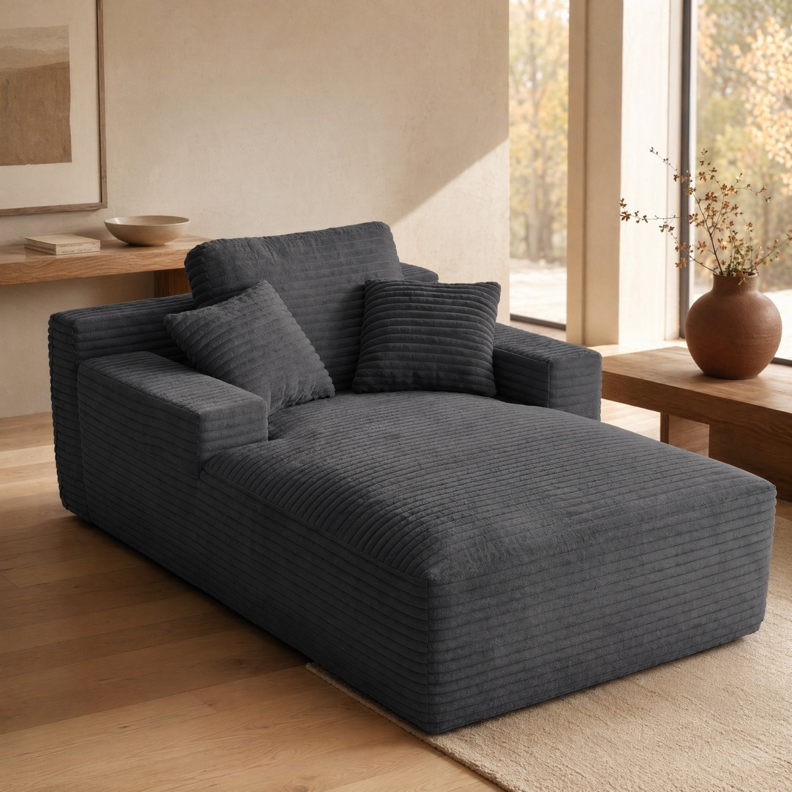 GlasFlength  Chaise Lounge Indoor Oversized Chaise Lounge Chair with Throw Pillows and Armrests Corduroy Upholstered Sofa Bed Lazy Chair Bed Sleeper Chair for Living Room Apartment Dark Gray