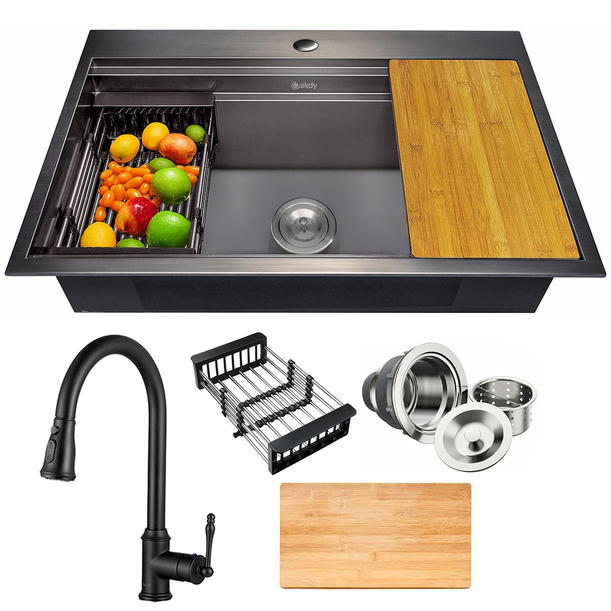 AKDY Drop-in 33-in x 22-in Stainless steel Single bowl Workstation Kitchen Sink All-in-One Kit