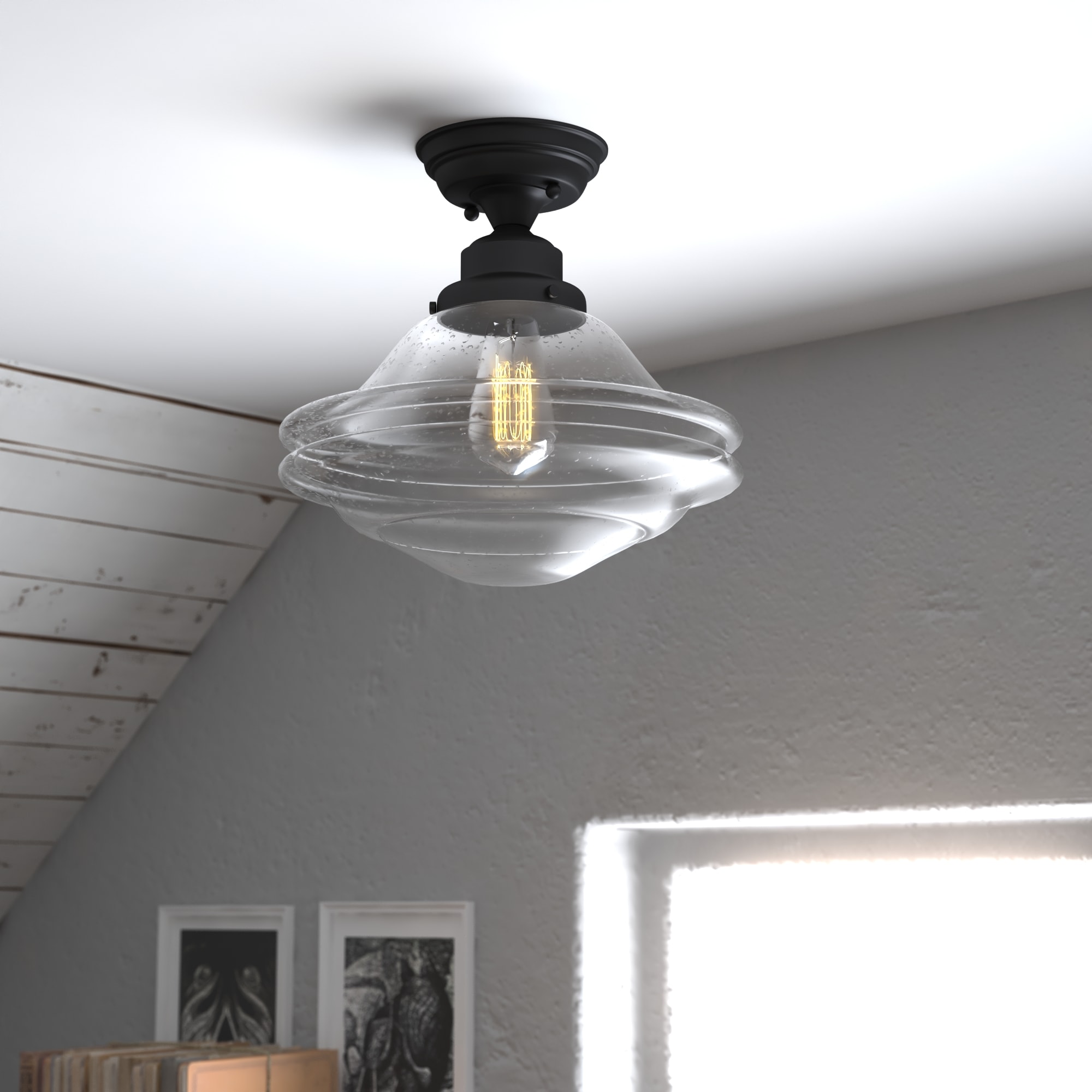 Huntley Farmhouse Bronze Semi-Flush Mount with Seeded Glass