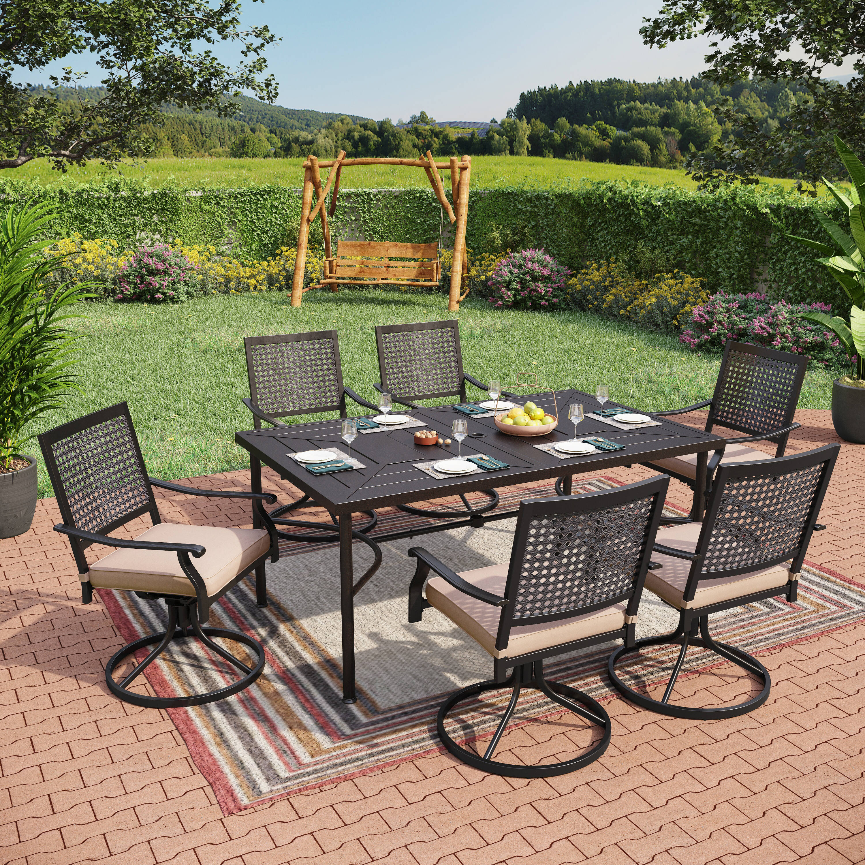 Sunshine Valley 7Piece Black Patio Dining Set Steel Rectangle Table