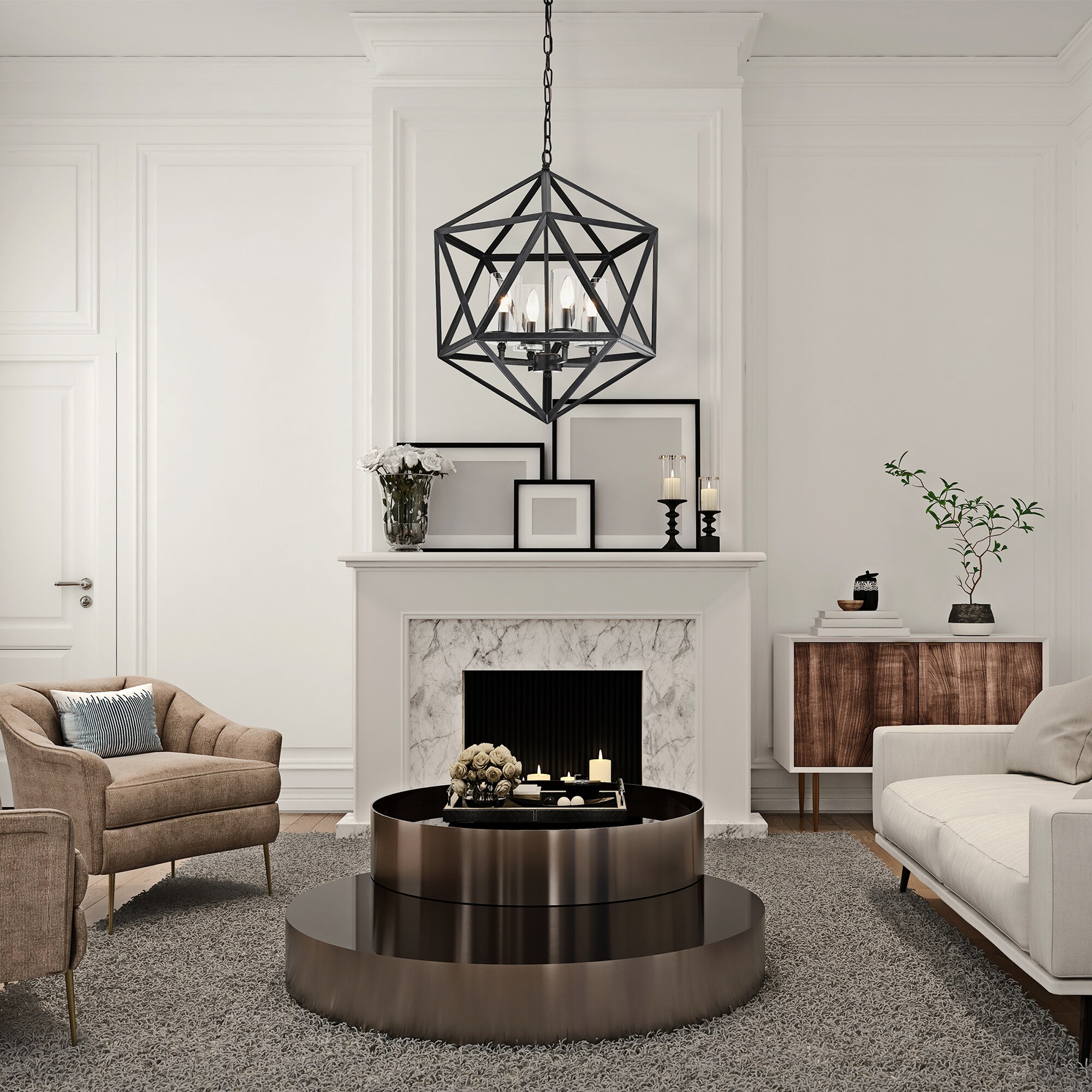 Antique Black Geometric Cage Chandelier with Glass Shades