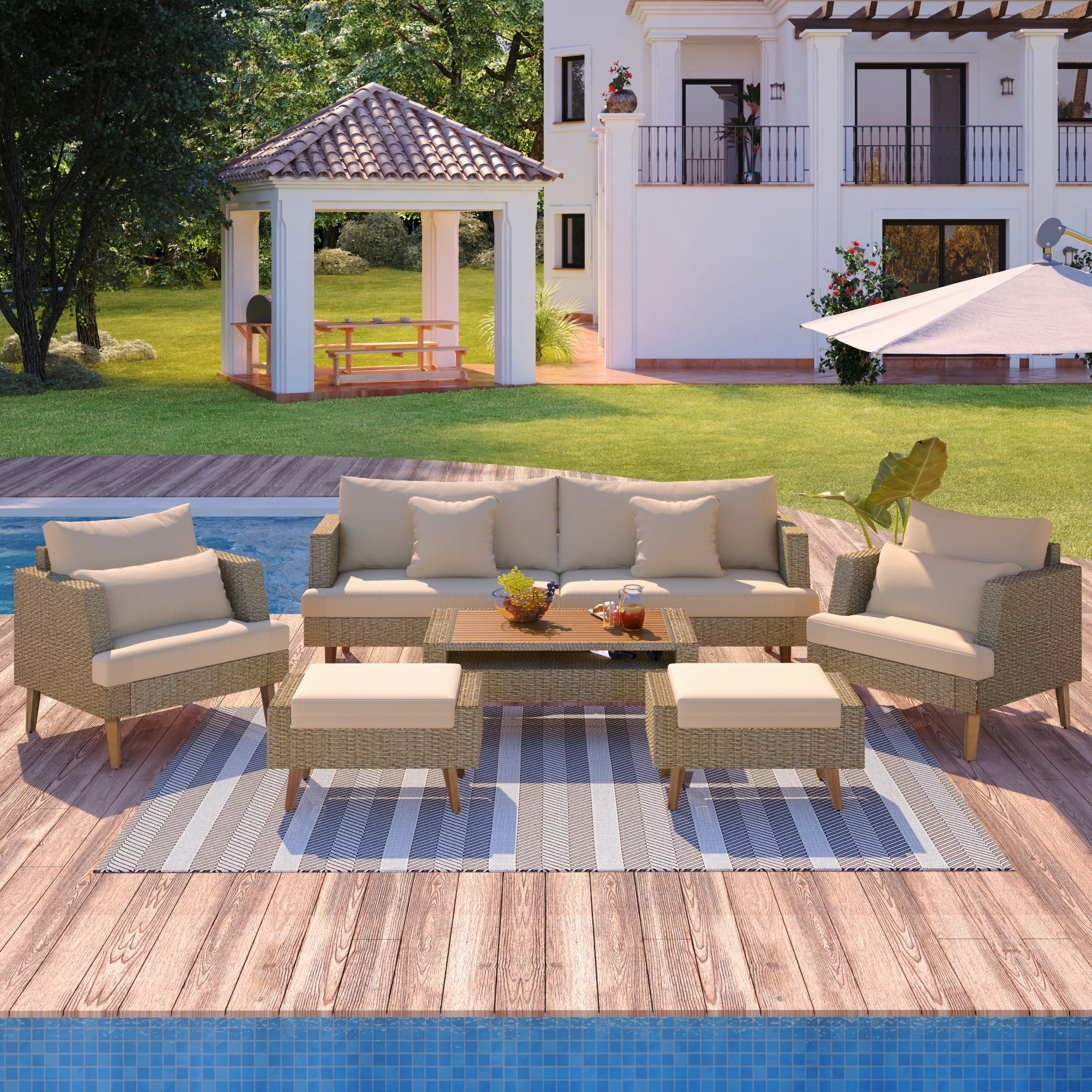 ModernLuxe L-FG201219AAD 6-Pieces All Weather PE Wicker Sofa Set, Outdoor Rattan sofa With Double Cushions, Wood Legs Wood Table Top, Brown 6 -Piece Wicker Patio Sofa Conversation Set with Brown Cushions