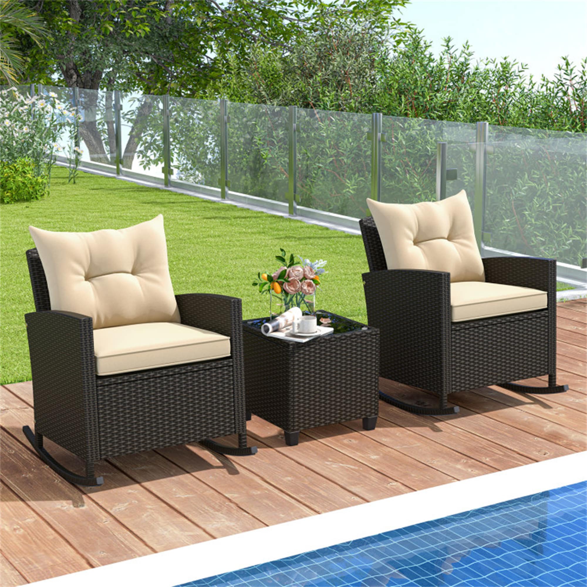 BABOOM BOM-ANY+-CO Rattan Rocker Set 3 -Piece Rattan Patio Conversation Set with Off-white Cushions