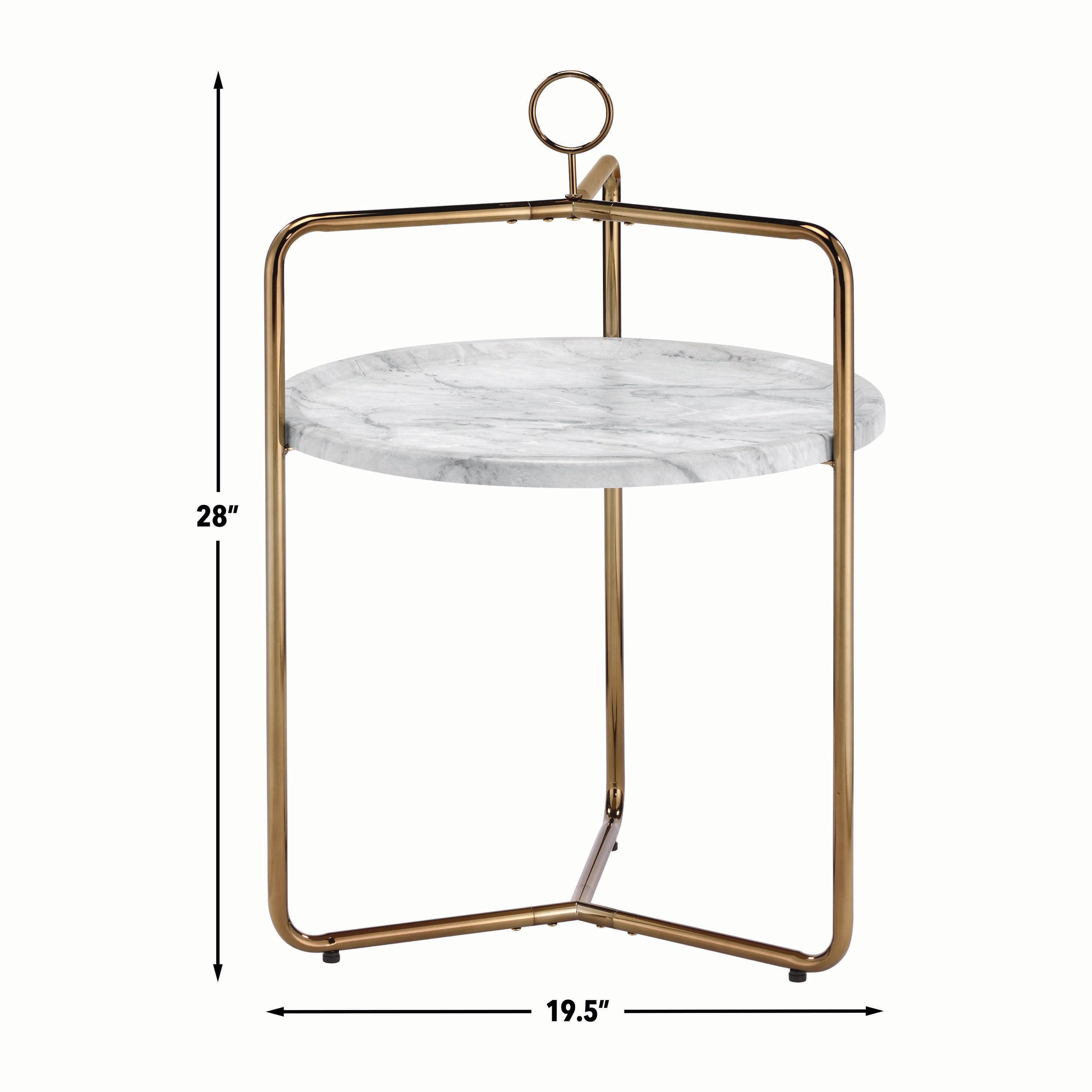 White Faux Marble and Gold Metal Round Side Table