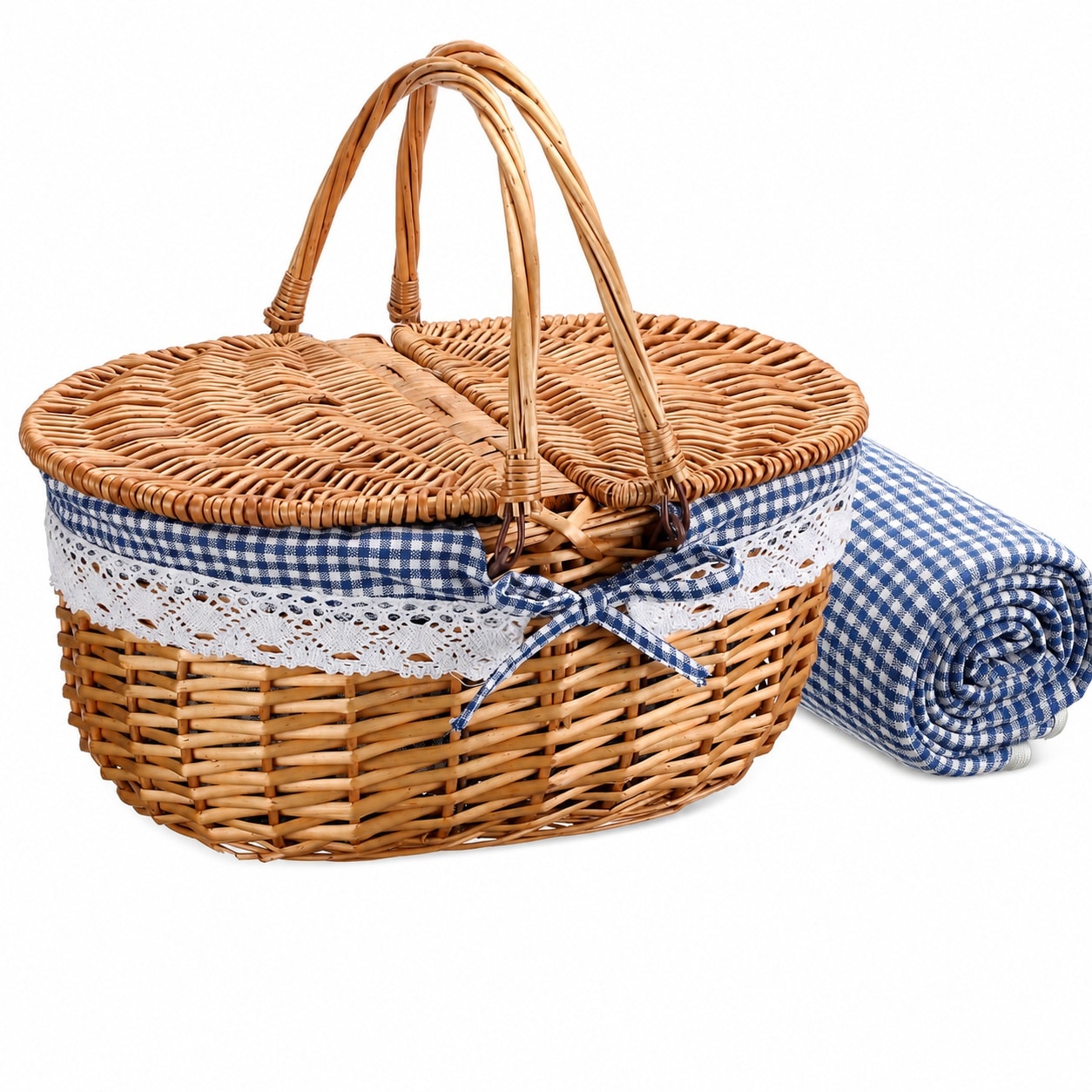 Aoibox  4 Person Blue Wicker Picnic Basket Set with Blanket Bamboo Plates and Washable Cotton Liner
