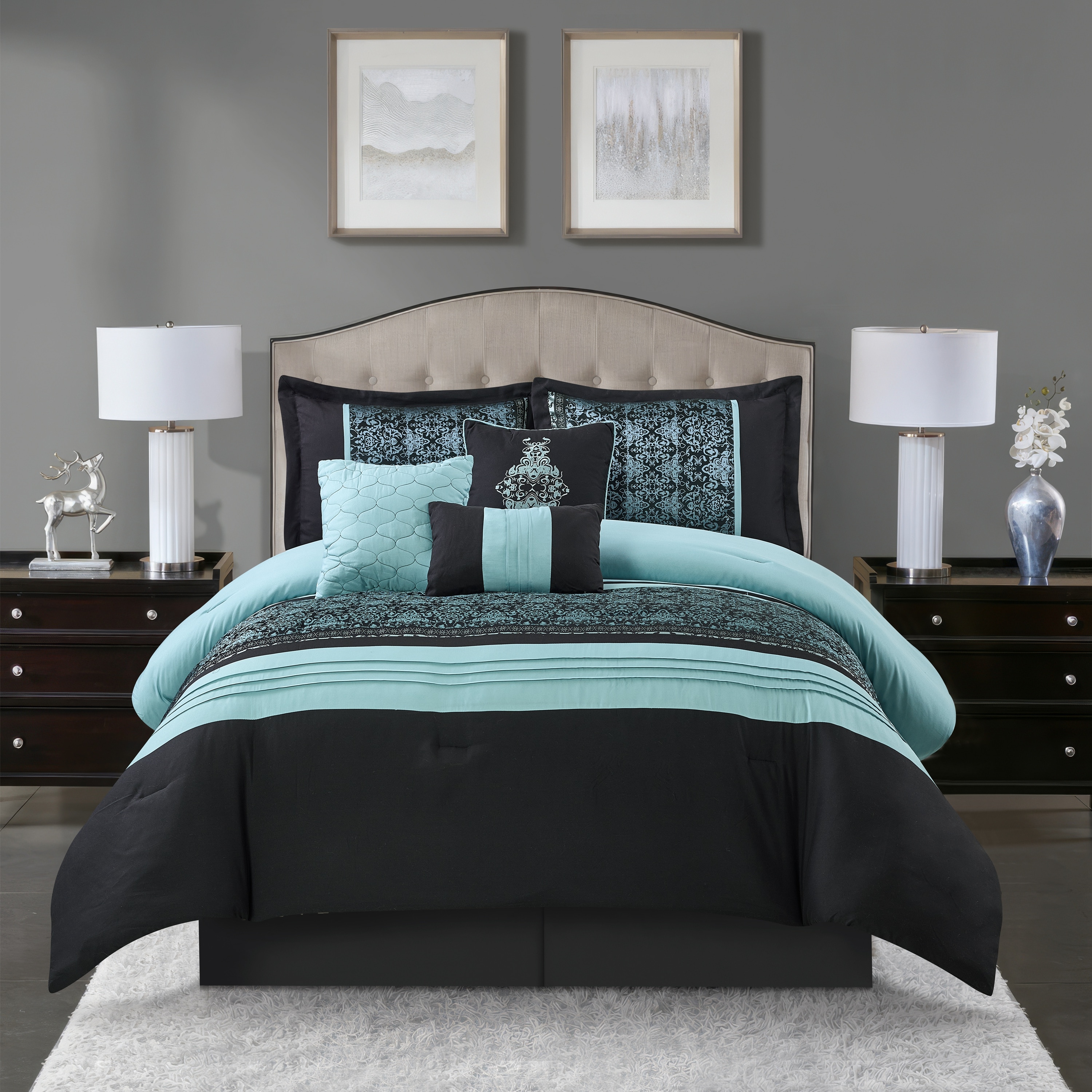 7-Piece Aqua/Black California King Comforter Set Polyester | - Nanshing CHARLEY7-CK-AQBK