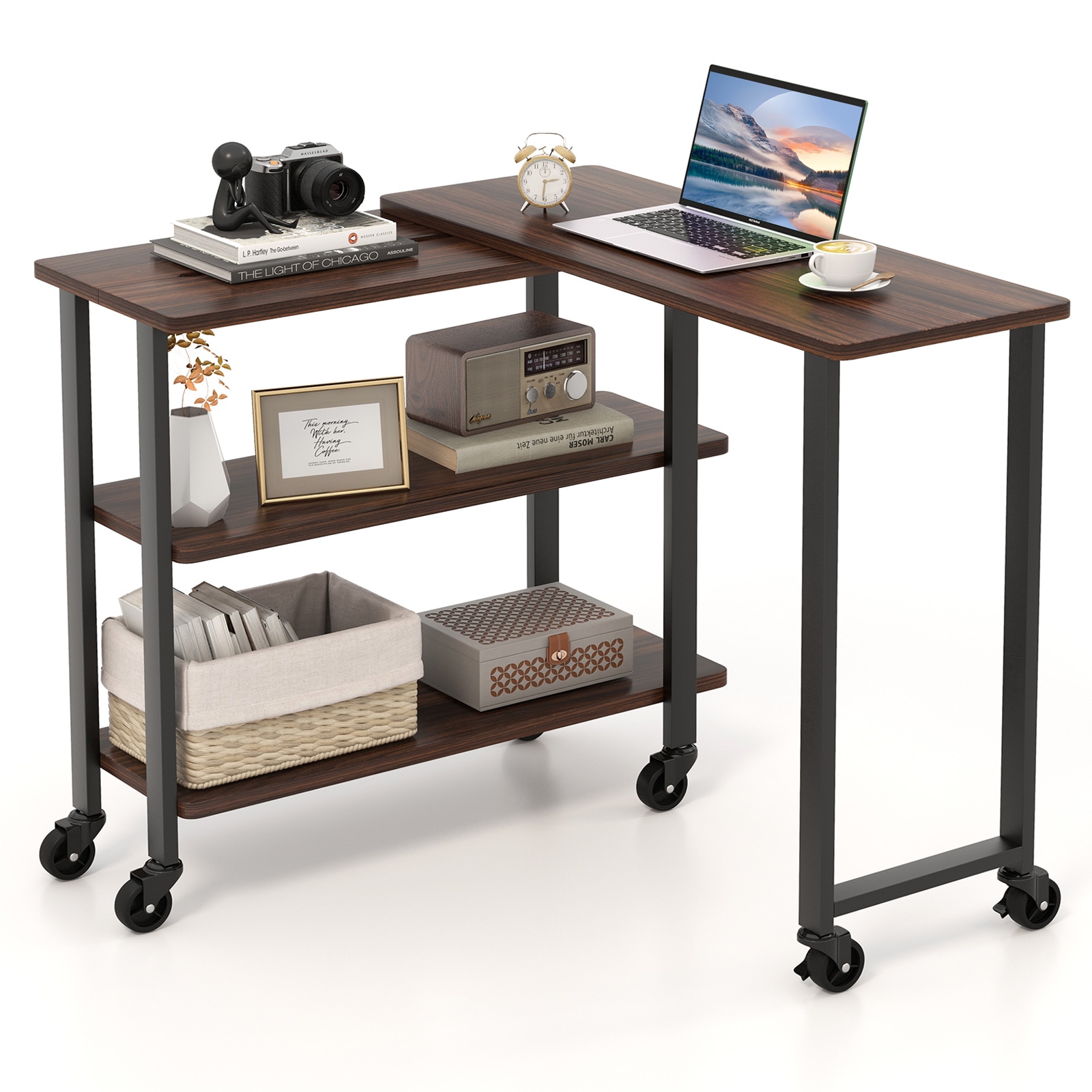 Slickblue D-CO-TW37036WH 31.5-49.5 in Walnut/Brown/Rustic Brown Industrial Rotating Sofa Side Table for Living Room or Bedroom