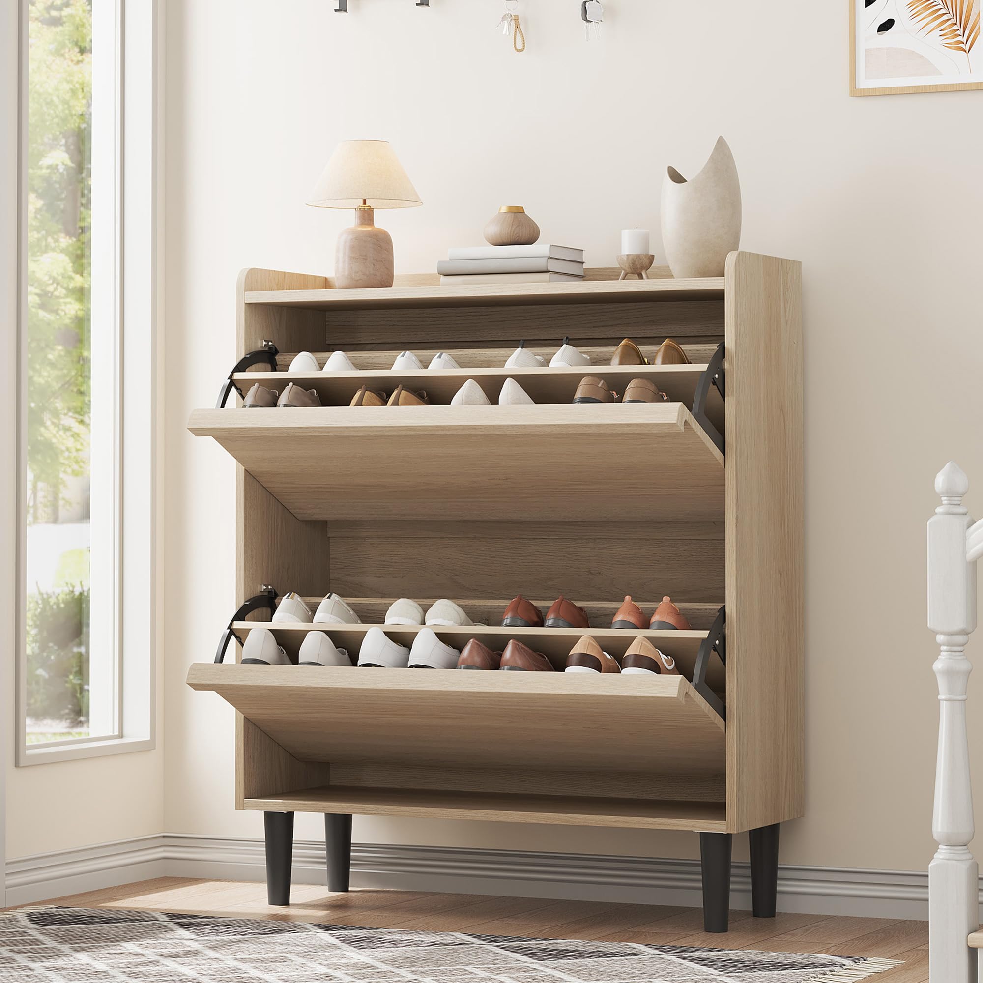Garvee Shoe Cabinet with 2 Flip Drawers Wooden Shoe Organizer with Adjustable Shelf Hidden Entryway and Hallway Storage for Living Room in Natural Oak Finish #SQYPHO15G0TMFH