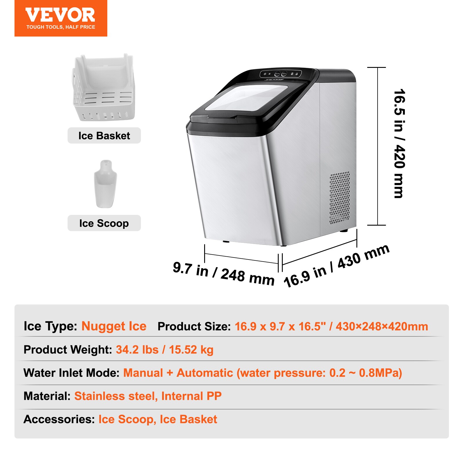 Stainless Steel Portable Nugget Ice Maker with Self-Cleaning Function