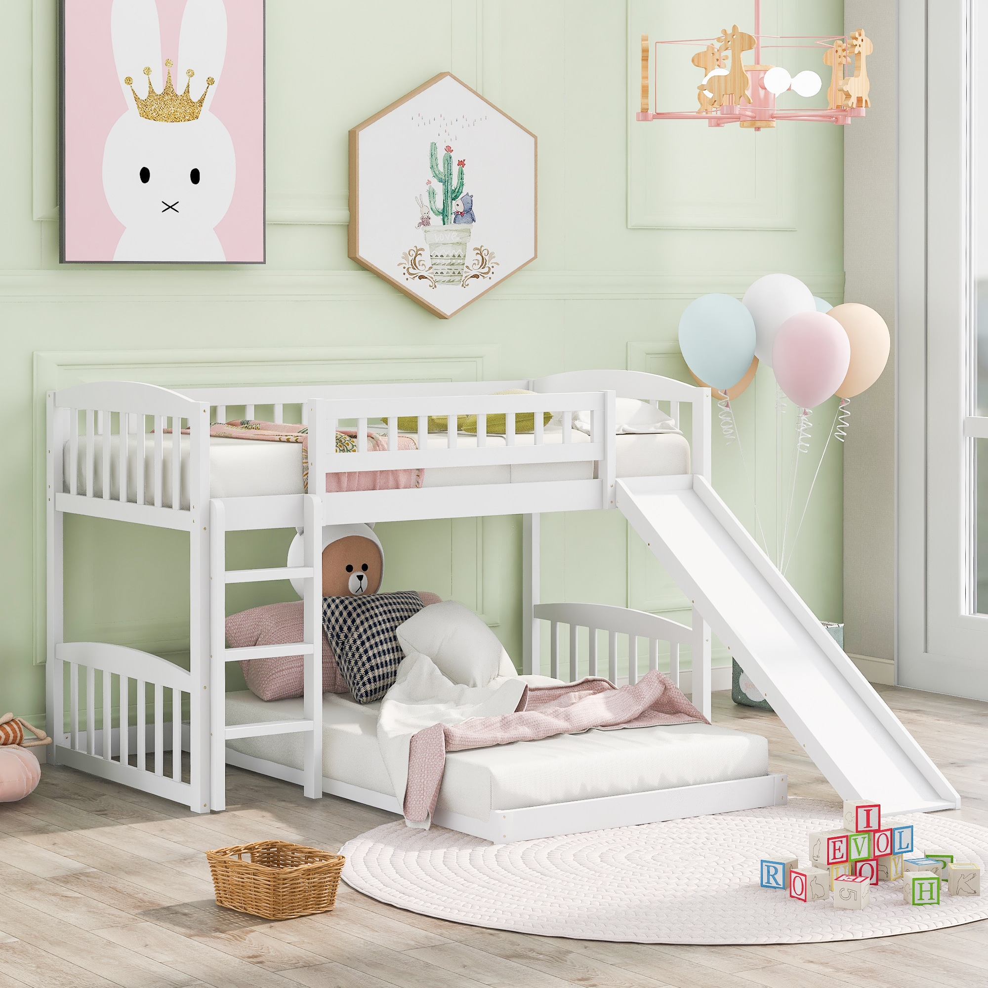 ModernLuxe LT000514AAK Twin Over Twin Bunk Bed with Slide and Ladder White