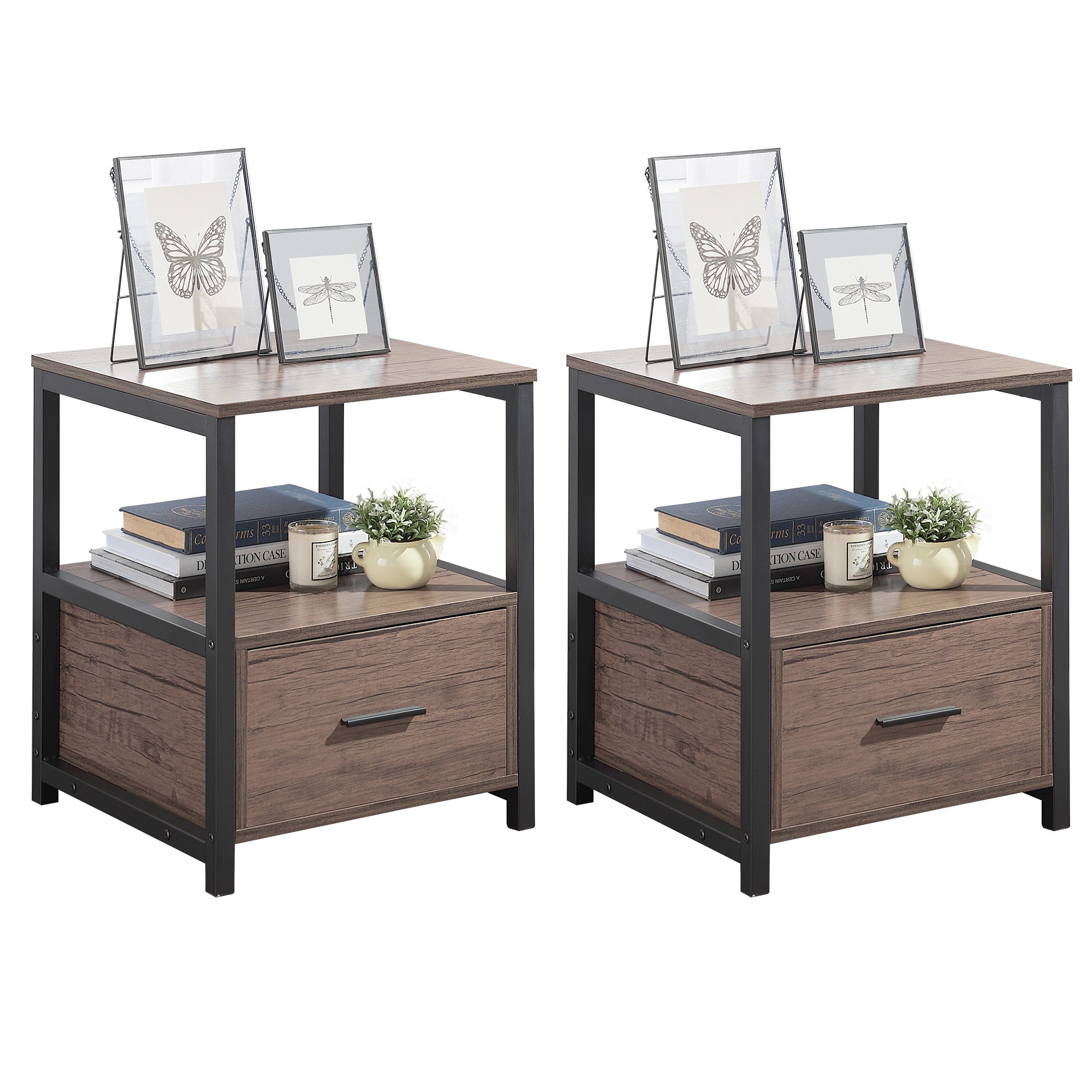 Vecelo LOE-DX-T05-CFE-A2 Set of 2 Nightstand with Drawer Square End Bedside Tables with Open Shelf Stable Metal Frame Small Side Tables for Bedroom Coffee