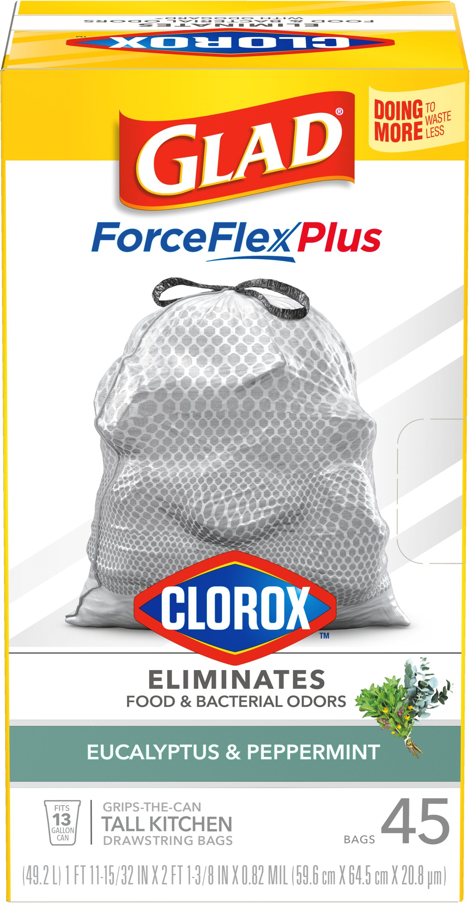 Glad ForceFlex MaxStrength with Clorox Tall Kitchen Drawstring Trash Bags,  13 Gallon Grey Trash Bags, Eucalyptus and Peppermint Scent, 90 Count