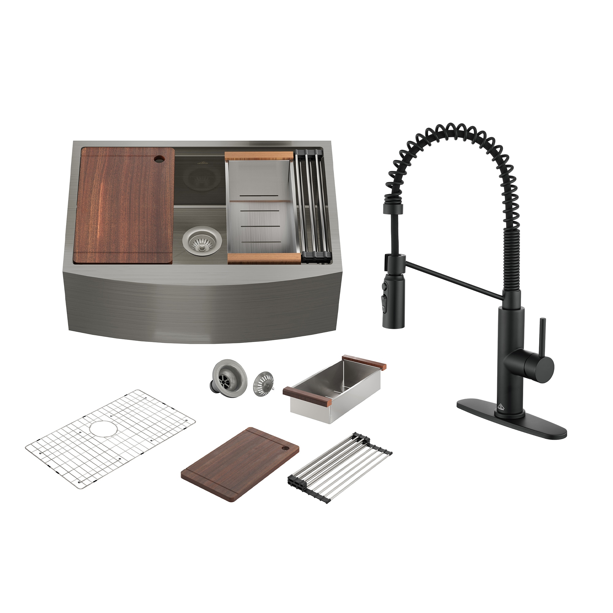 CASAINC KCSL0041-F33M23 Farmhouse apron front 33-in x 22-in Stainless steel Single bowl 16 -Gauge Workstation Kitchen Sink All-in-One Kit with Drainboard