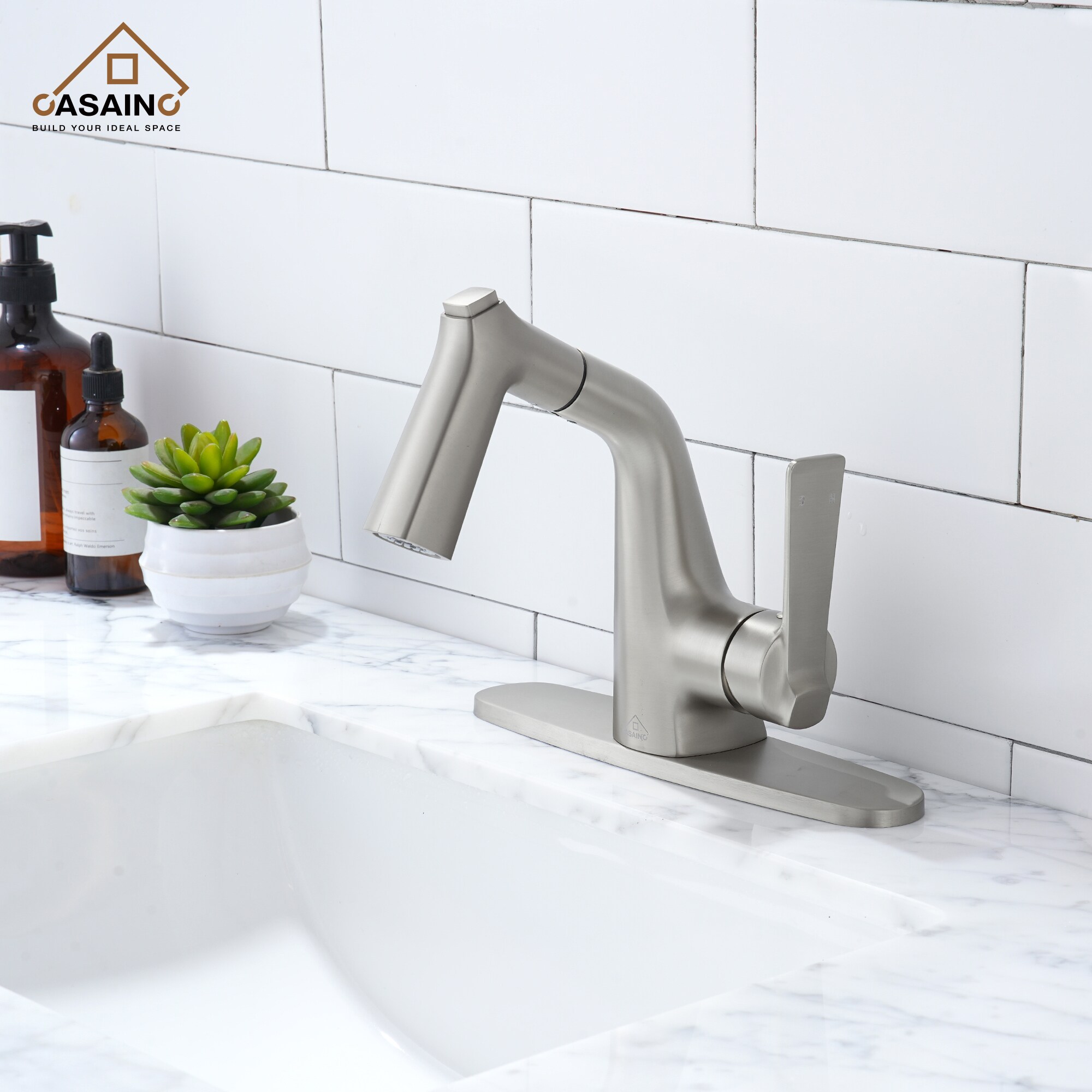 Casainc Brushed Nickel Single Hole 1 Handle Swivel Pull Down Bathroom Sink Faucet With Deck