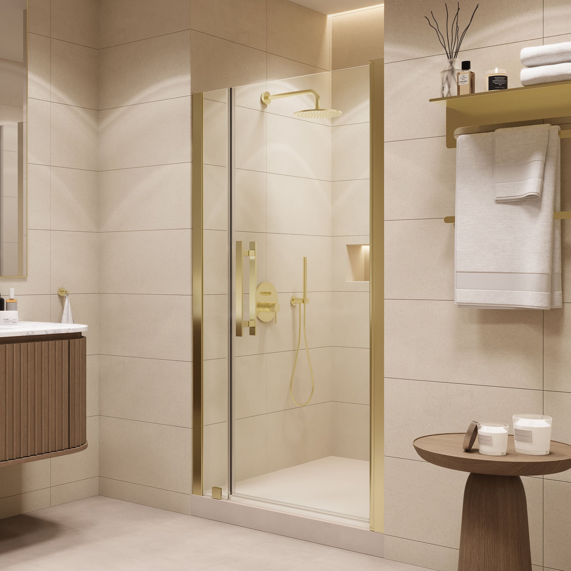 OVE Decors 15SGP-PASA39-GBW Pasadena Brushed Gold 37-7/16-in to 39-3/8-in W x 72.01-in H Frameless Clear Glass Pivot Shower door