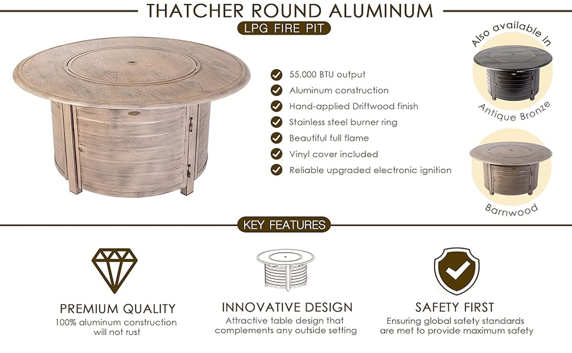 Thatcher Driftwood Aluminum Round Gas Fire Pit Table