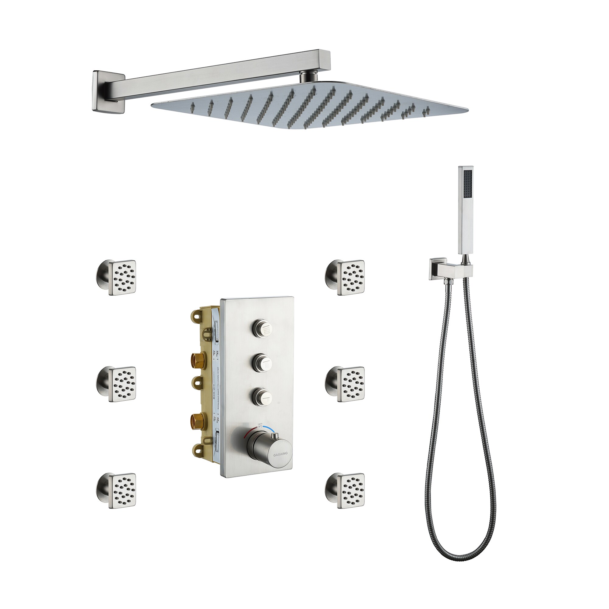 Tatayosi T352712 3 Functions 12 Inch Wall Mount Thermostatic Shower System in Brushed Nickel