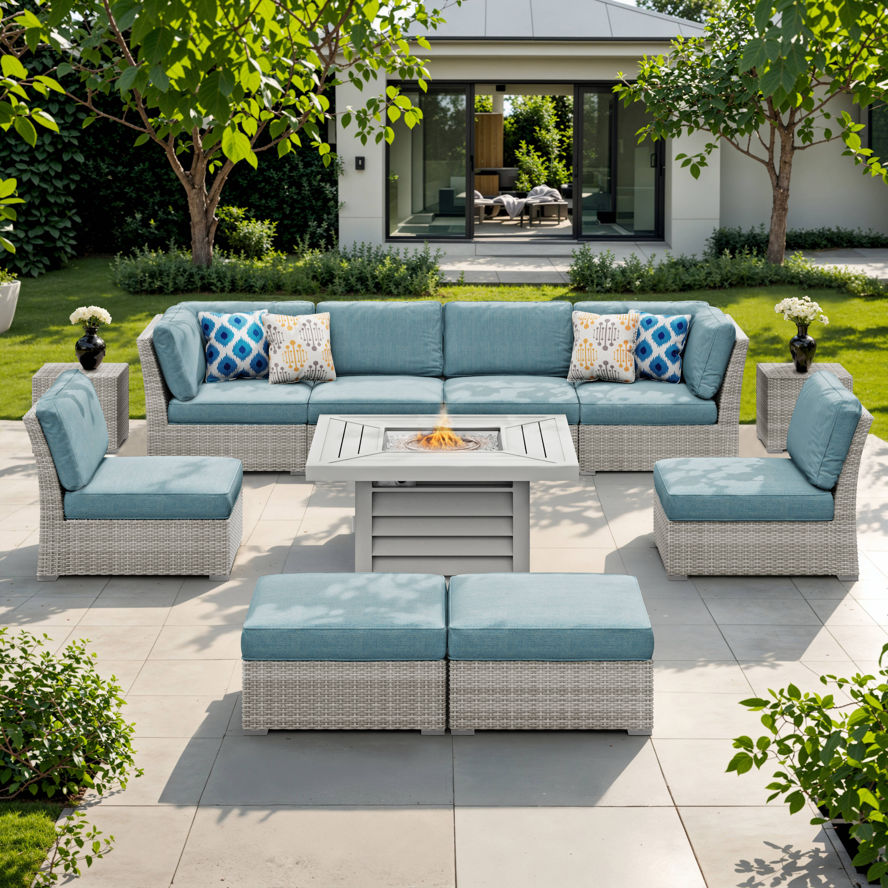 Octans SL2C00202 11 -Piece Wicker Patio Conversation Set with Blue Cushions