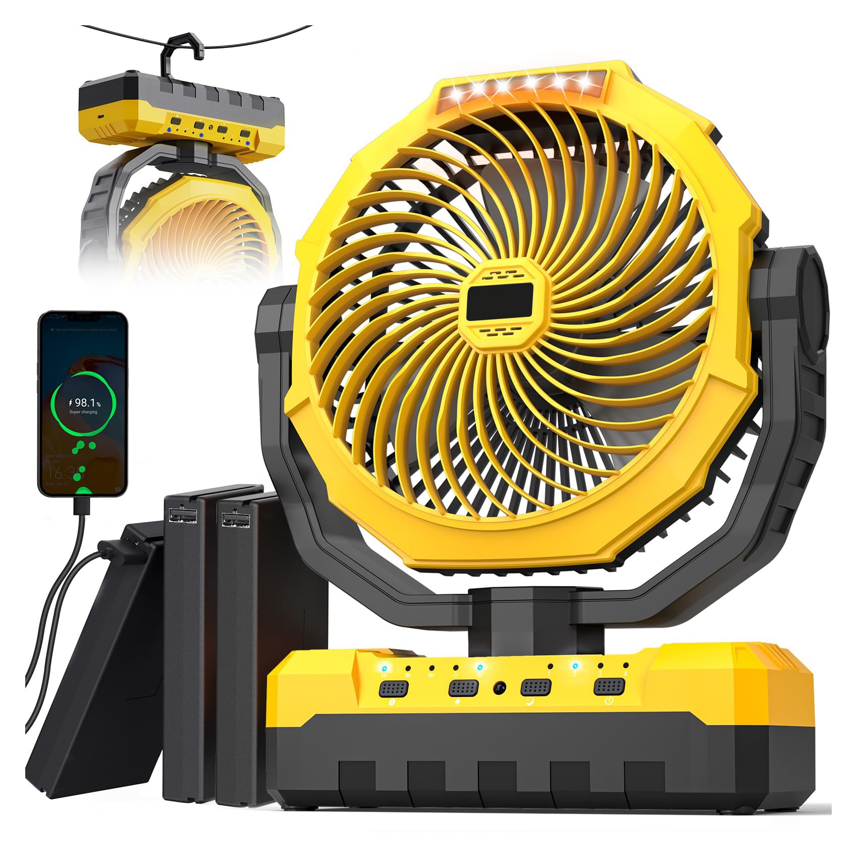 Misopily  Portable Camping Fan 36000mAh Rechargeable with LED Light Remote 4 Speed Adjustable Silent Timer Hook for Tent Travel Office Jobsite 1 Piece