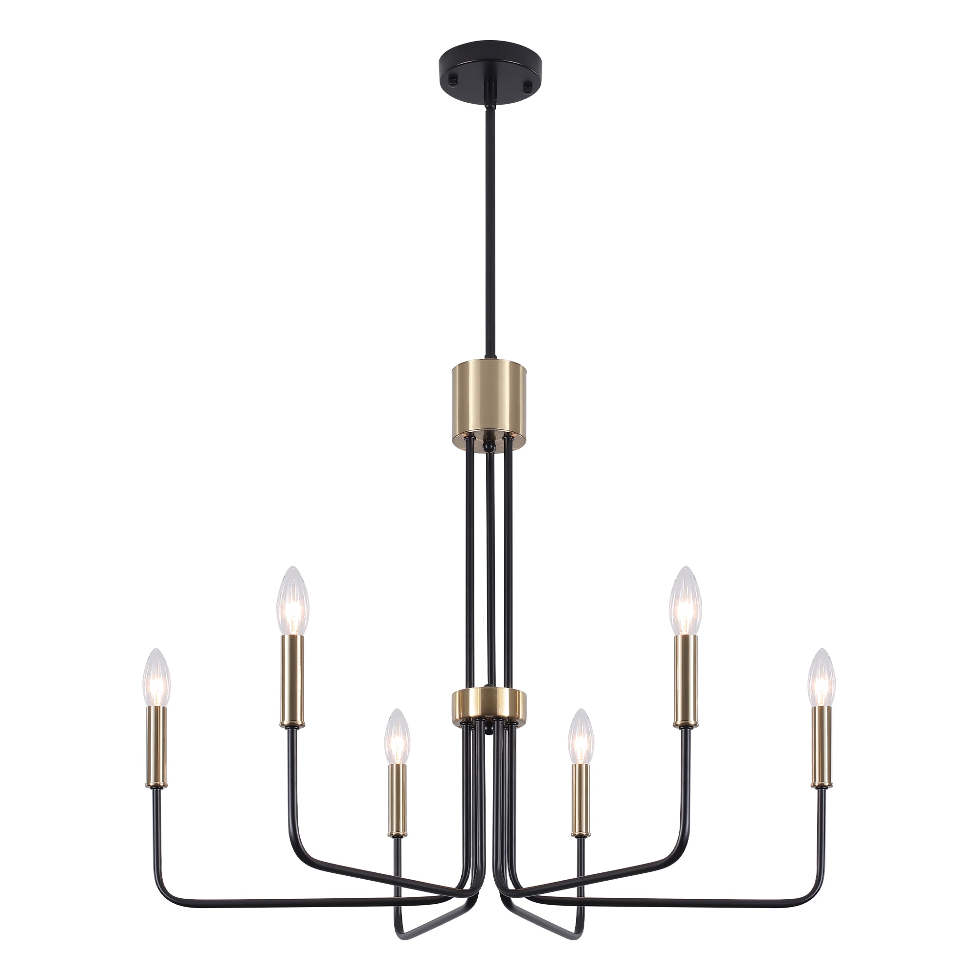 Zjvaive 6-Light 28.14inch Black and Brass Candle Chandelier Adjustable 27.16-68.50 inch Rod E12 Socket Max 60W Farmhouse Ceiling Light Fixture Bulbs Not Included for Living Room Dining Room Kitchen Bedroom #LS1-2-D0147-6-B+BR