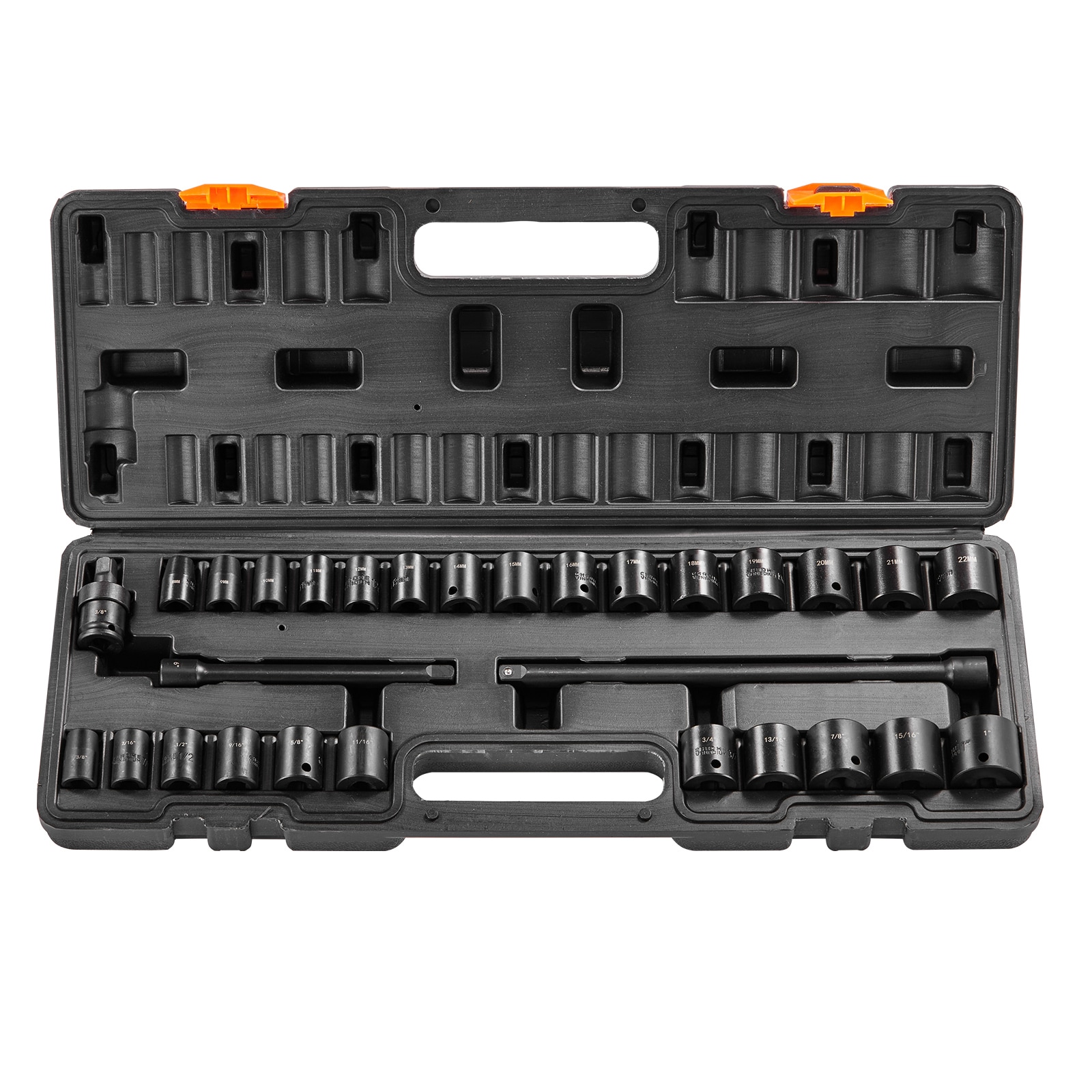 VEVOR 3/8-IN Drive Impact Socket Set 29 Piece Shallow Socket Set SAE 3/8-IN-1-IN and Metric 8-22mm 6 Point CR-MO Alloy Steel for Auto Repair Easy-to-Read Size Markings Rugged Construction Storage Case #SCCJTTZJ1CRV06160V0