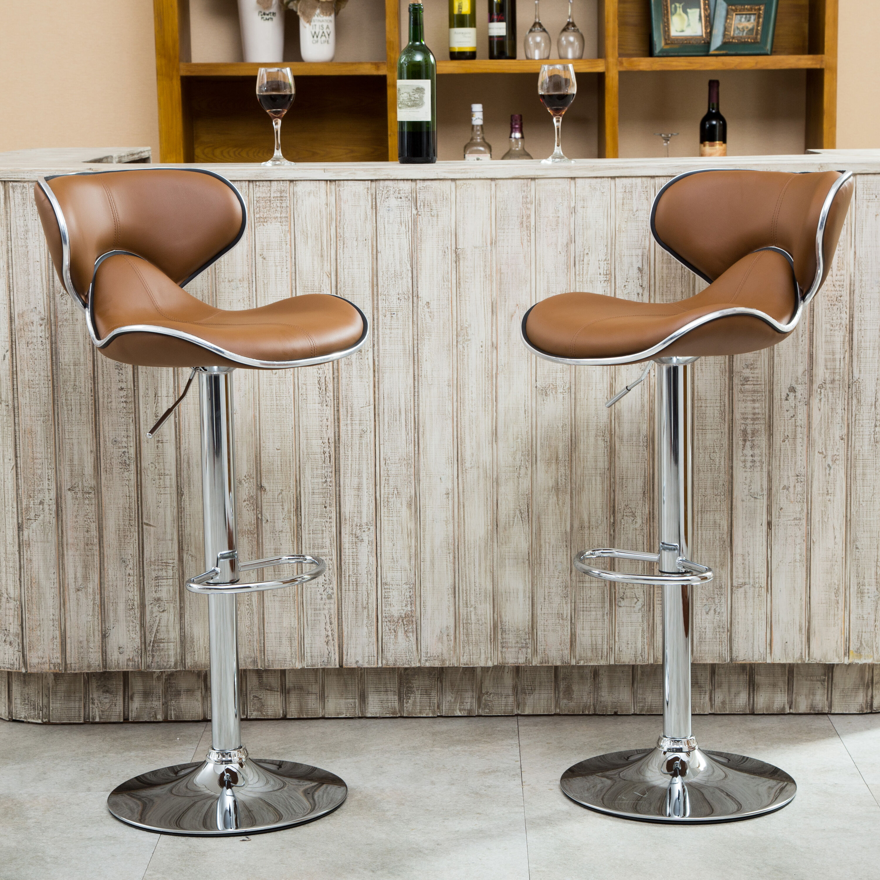 Roundhill Furniture PC138CL Masaccio 2 -Set Camel 30.38-in H Adjustable Height Counter height Contoured seat Upholstered Swivel Metal Bar Stool