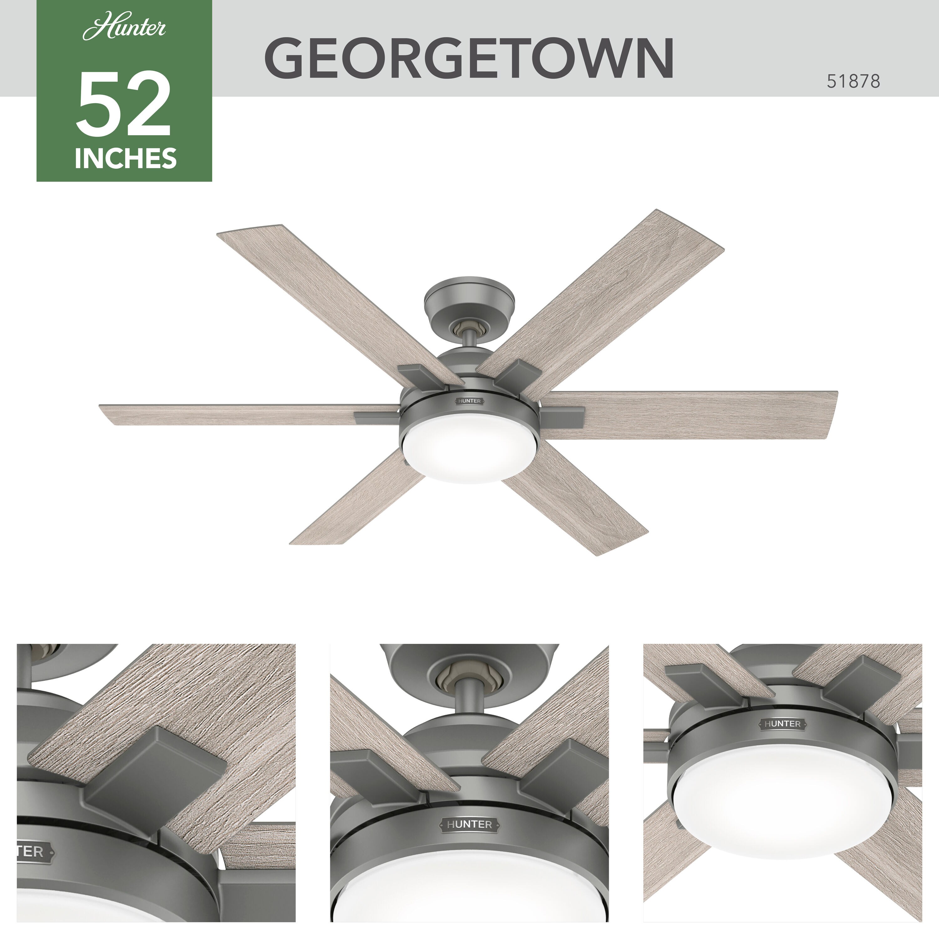 Hunter Georgetown Easy Install 52 In Matte Silver With Light Gray Oak Blades Integrated Led 3318