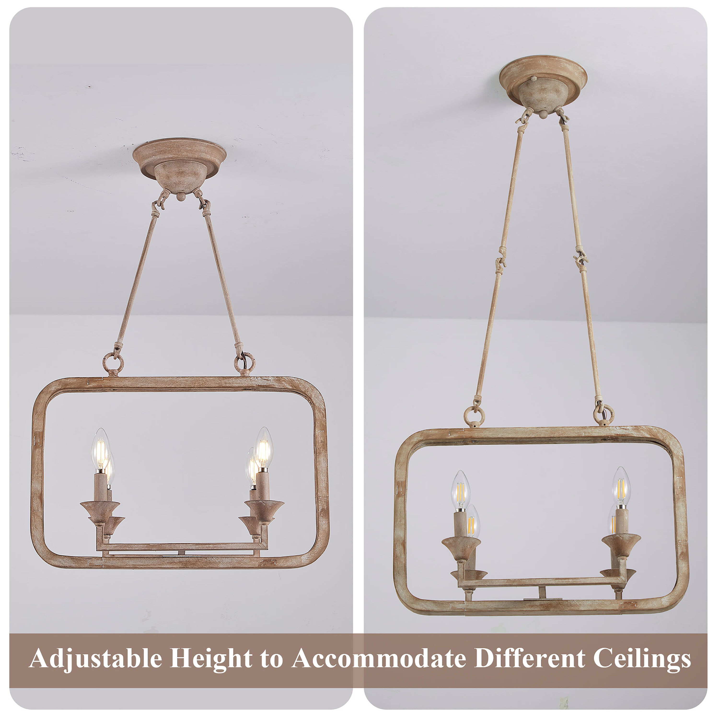 Weathered Wood Brushed Brown Farmhouse Chandelier with Adjustable Height