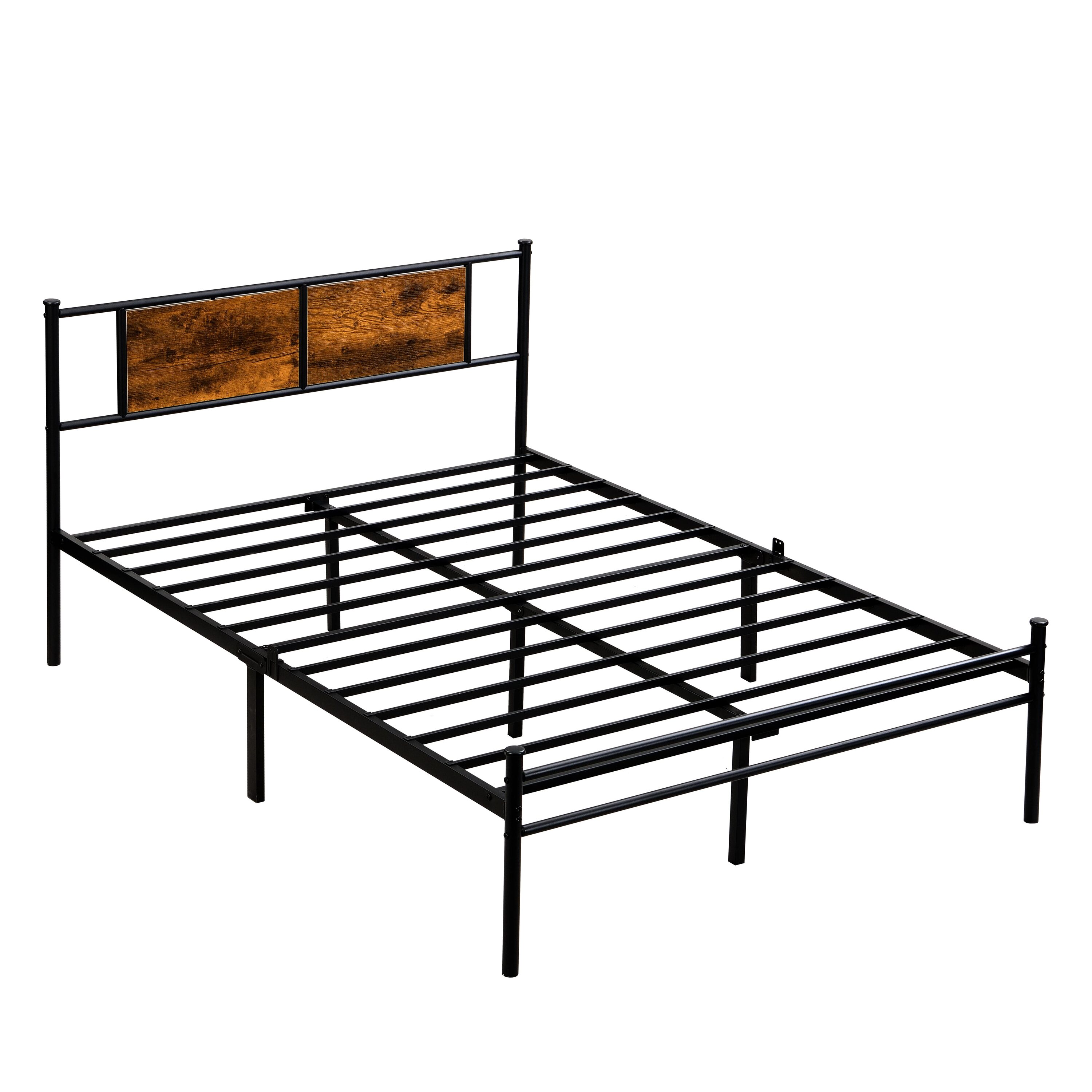 Vynxaria -  Black Brown Metal Frame Full Platform Bed Wood Panel Headboard Under Storage 350LBS B...