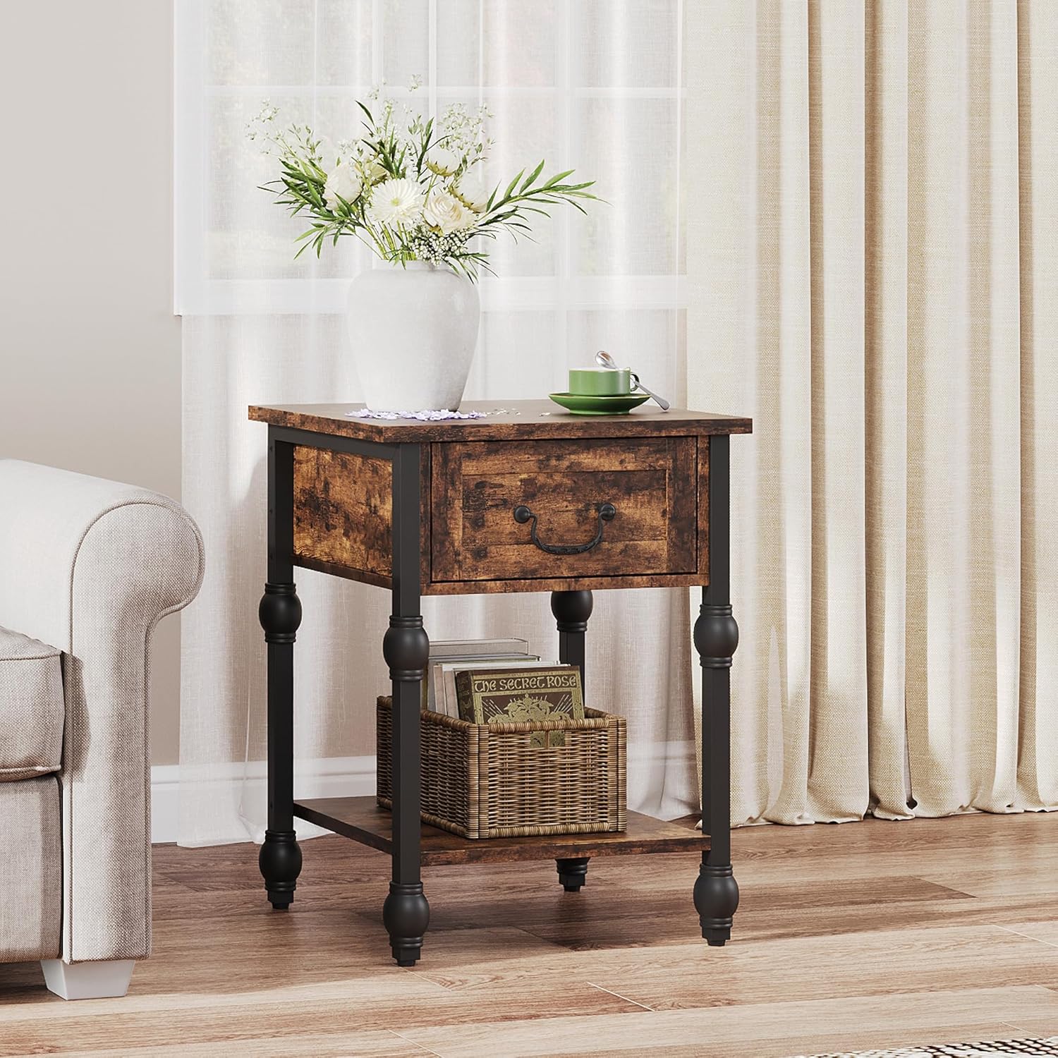 Garvee 2-Tier Industrial Side Table with Drawer and Open Storage Shelf - Rustic Brown and Black Nightstand for Bedroom Study and Living Room - Space Saving End Table and Storage Solution