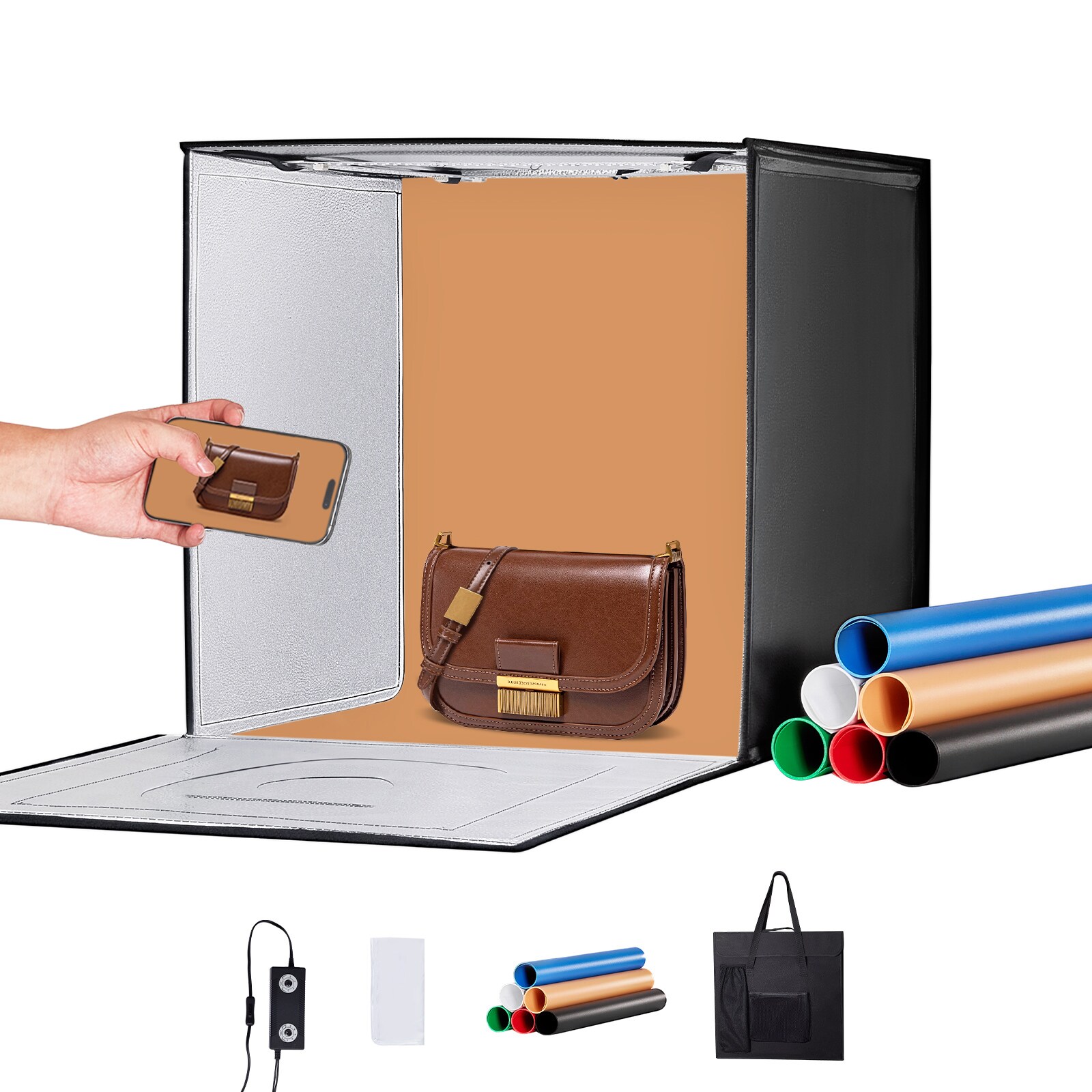 VEVOR SCSYDXNJBH2405709V1 Photo Studio Light Box  24in x 24in  3000-5600K Adjustable 3 Color Temperatures Shooting Tent Kit with 160 LED 6 Backdrops Power Adapter Soft Light Cloth  High CRI greater than or equal to 95 for Product Photography