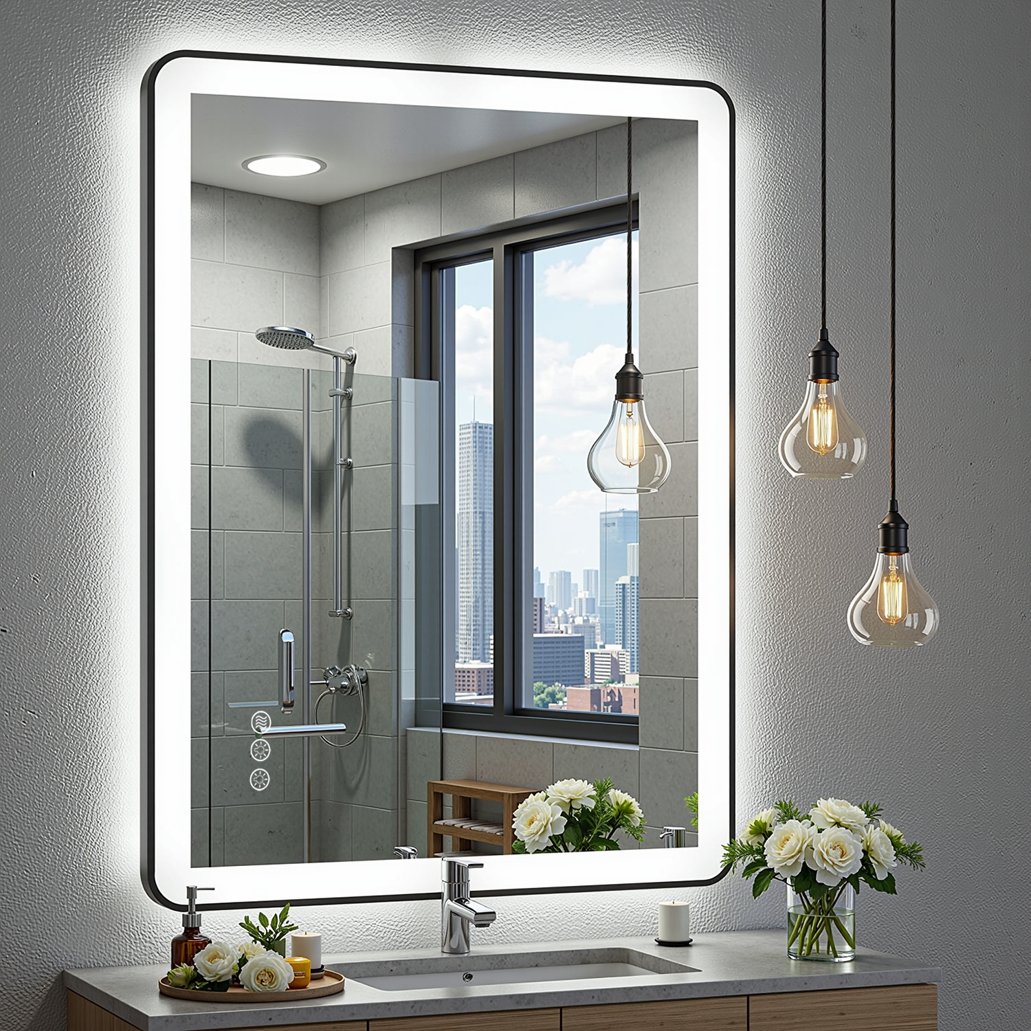 YQP Independently Controlled Front+Back Lights 36 in. x 28 in. Rectangular Rounded Bathroom Vanity Mirror