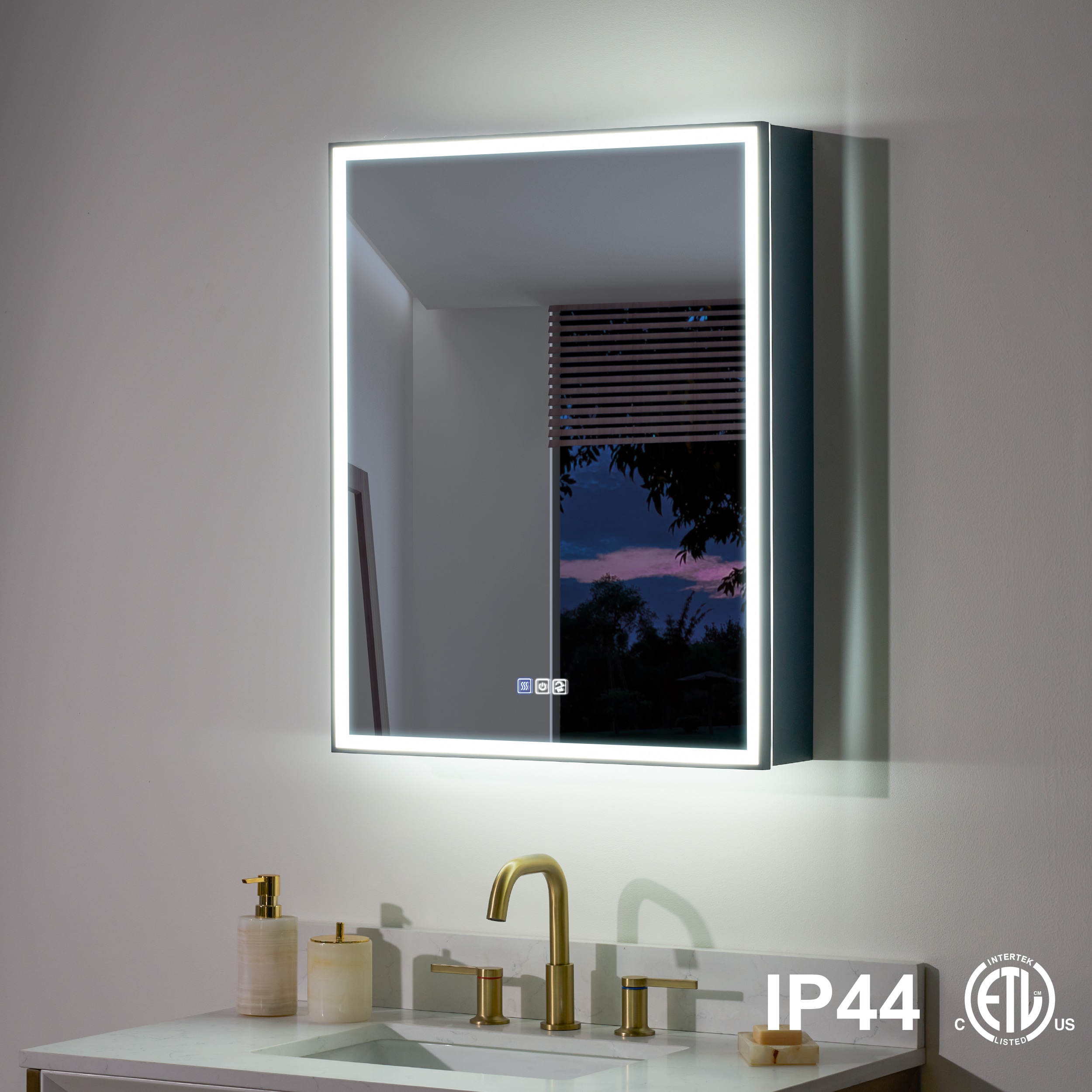 WELLFOR W12MCL2430R AAYLA LED Lighted Medicine Cabinet 24-in x 30-in Lighted LED Fog Free Surface/Recessed Mount Black Rectangle Soft Close Medicine Cabinet with Outlet