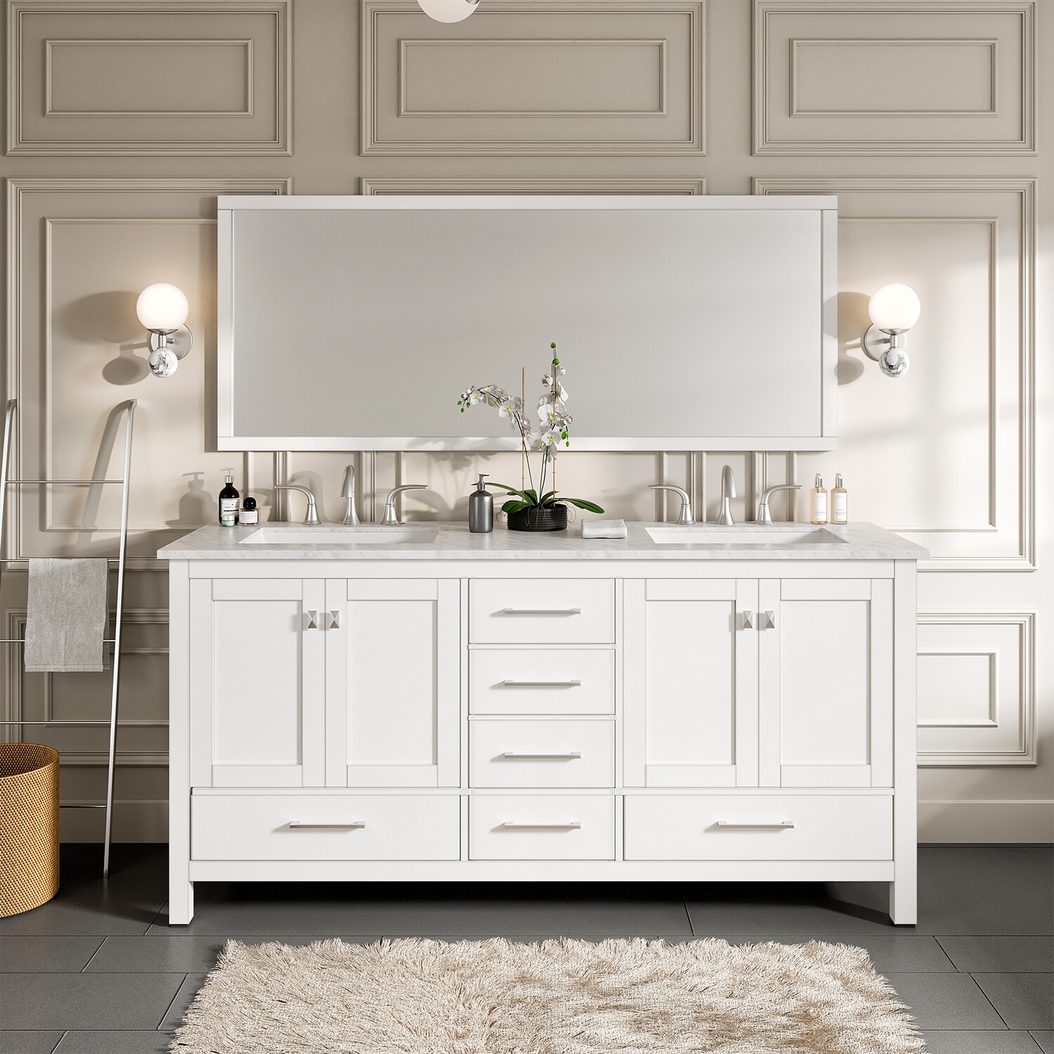 Eviva Aberdeen 60 Transitional Grey Bathroom Vanity with White Carrera  Countertop & Double Square Sinks