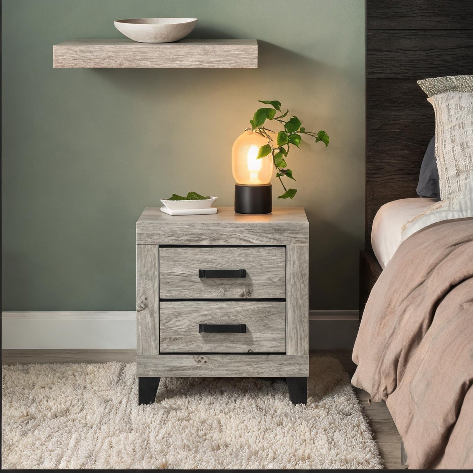 Synthetic Wood 2-Drawer Nightstand in Neutral Gray Modern Rectangular Bedside Storage